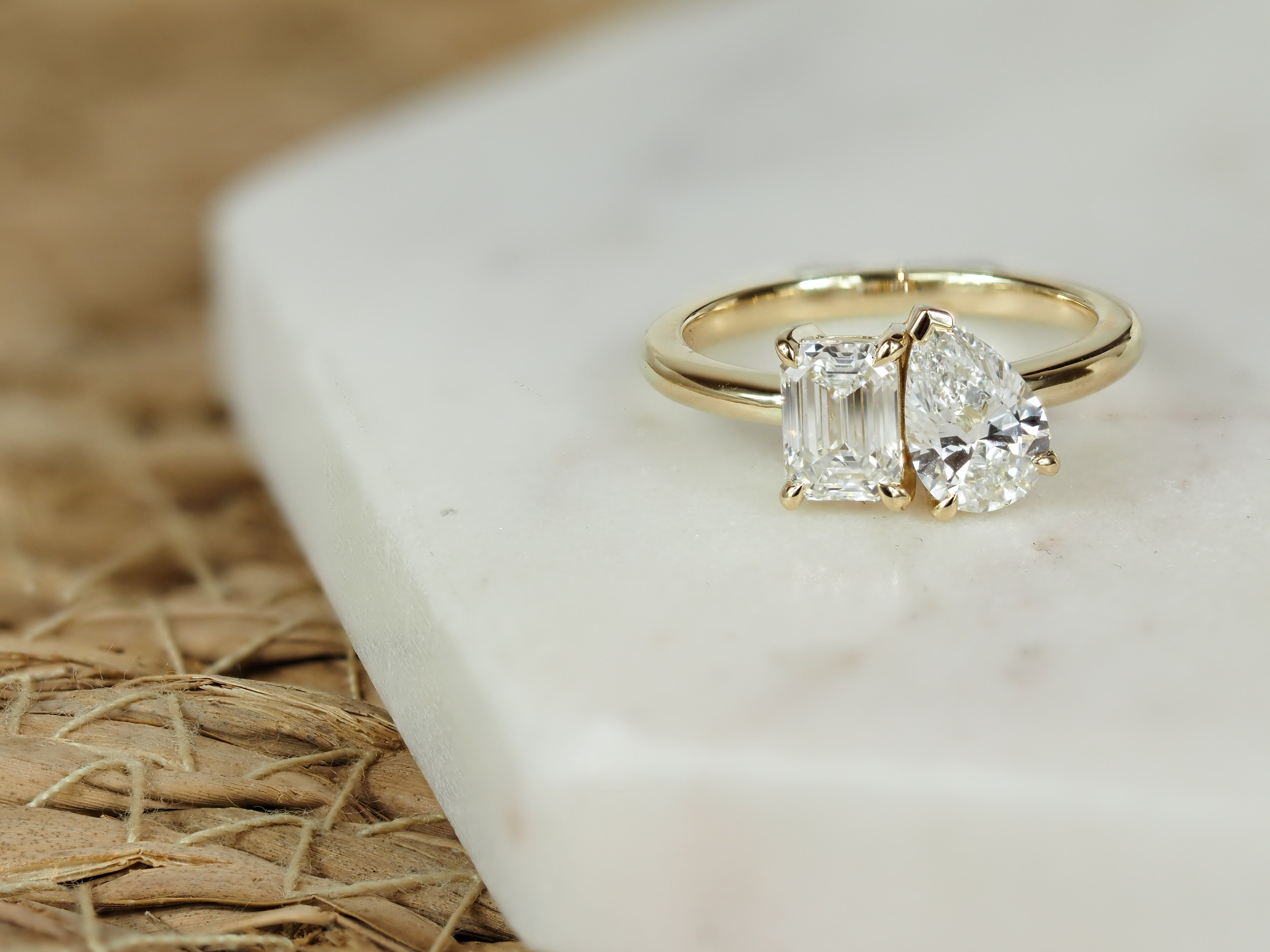 9ct Yellow Gold Toi et Moi Emerald and Pear cut Lab-Grown Diamond Ring, 2ct Total