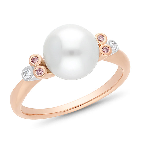 9ct Rose and White Gold South Sea Pearl and 'Pink Caviar' Argyle Diamond Ring, 9mm