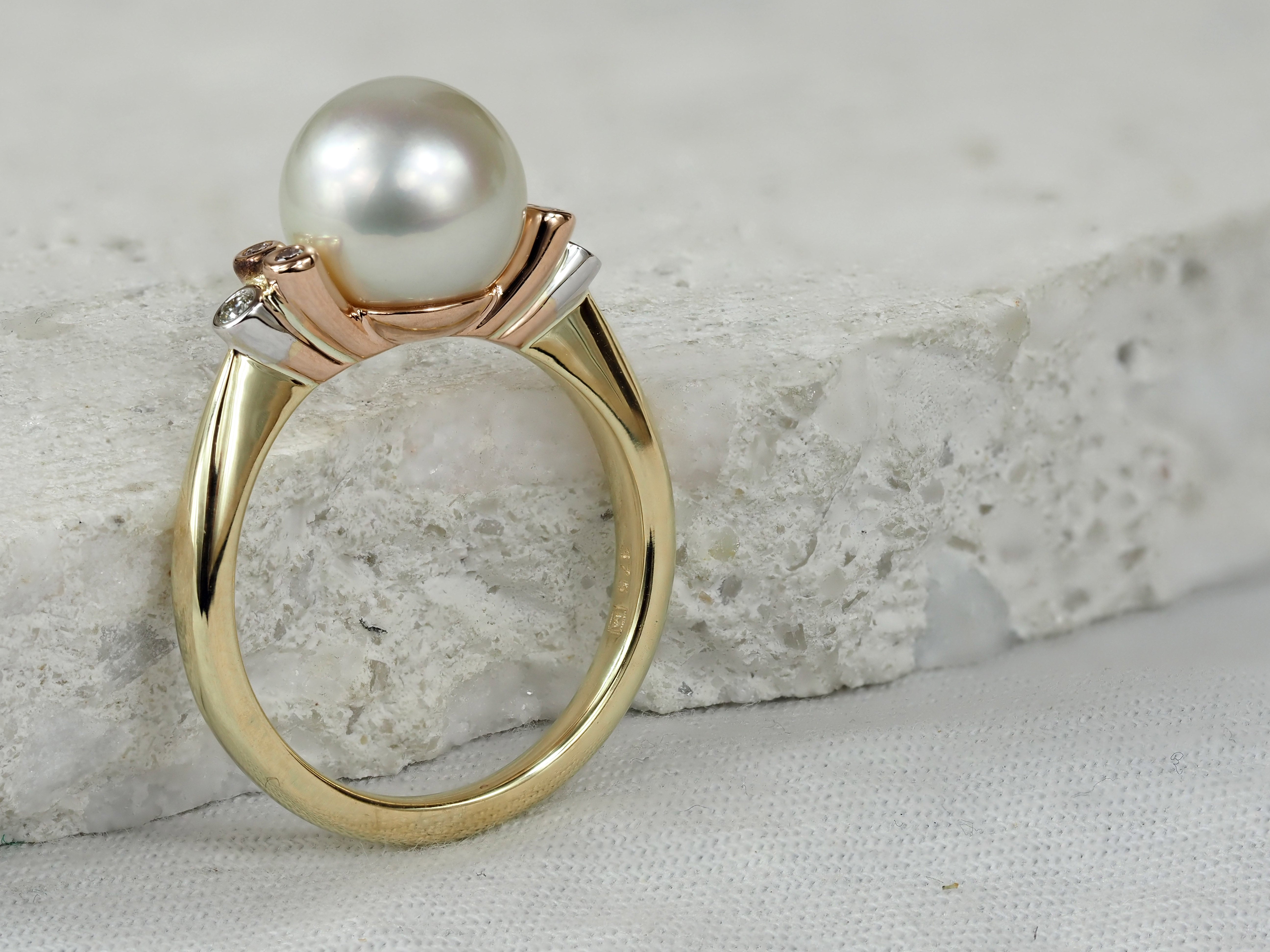 9ct Rose and White Gold South Sea Pearl and 'Pink Caviar' Argyle Diamond Ring, 9mm