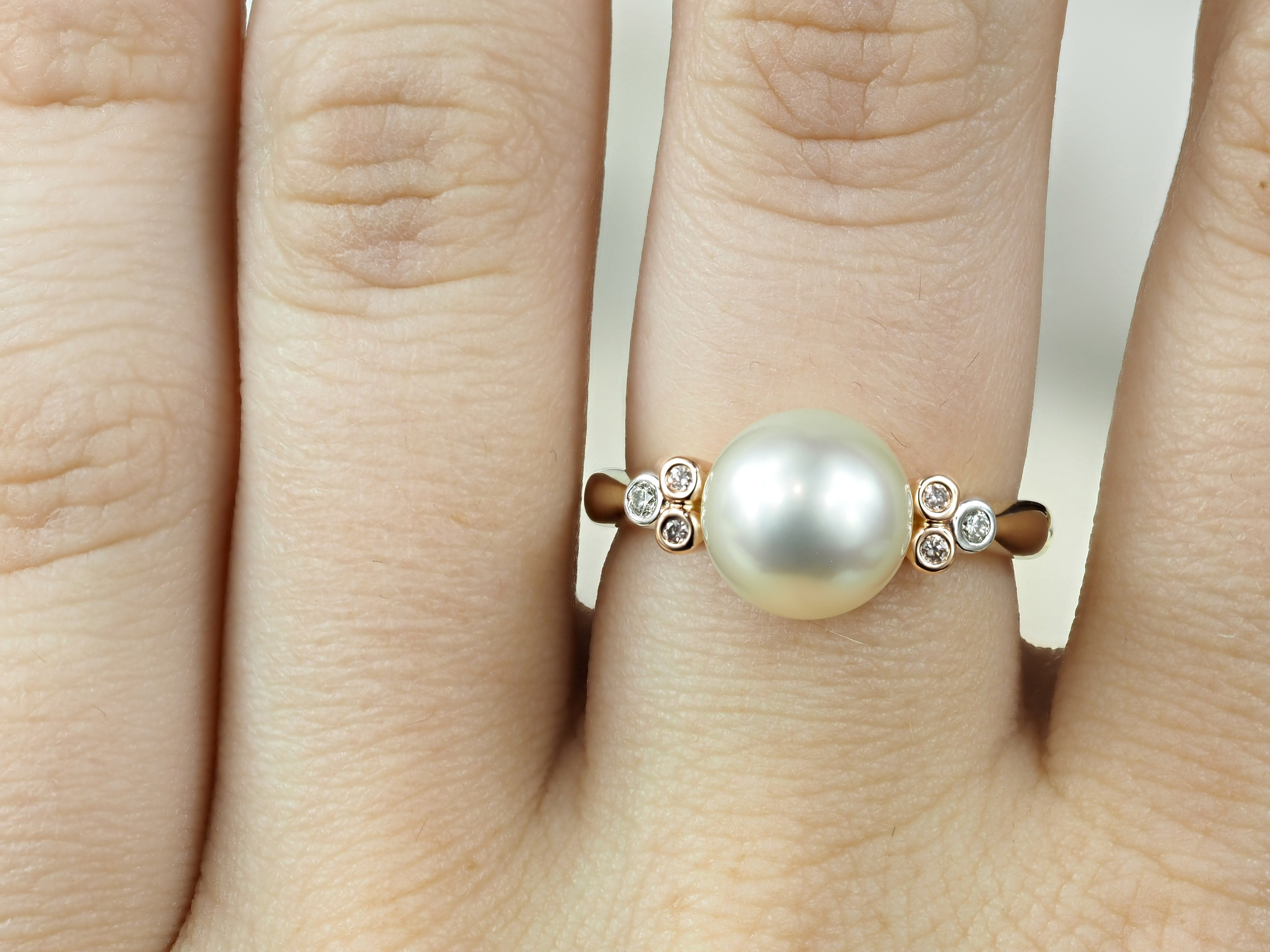 9ct Rose and White Gold South Sea Pearl and 'Pink Caviar' Argyle Diamond Ring, 9mm