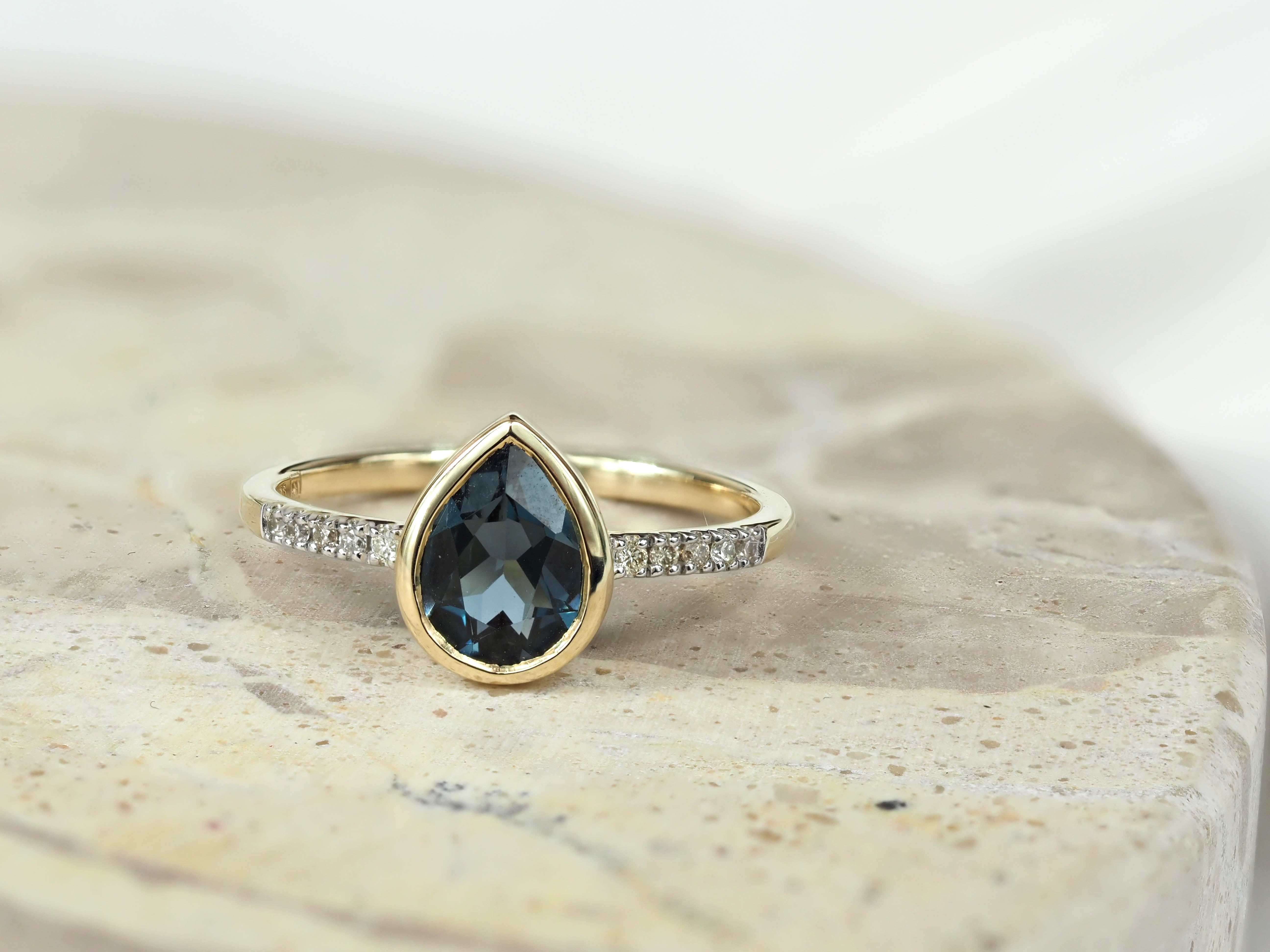9ct Yellow Gold London Blue Topaz and Diamond Ring