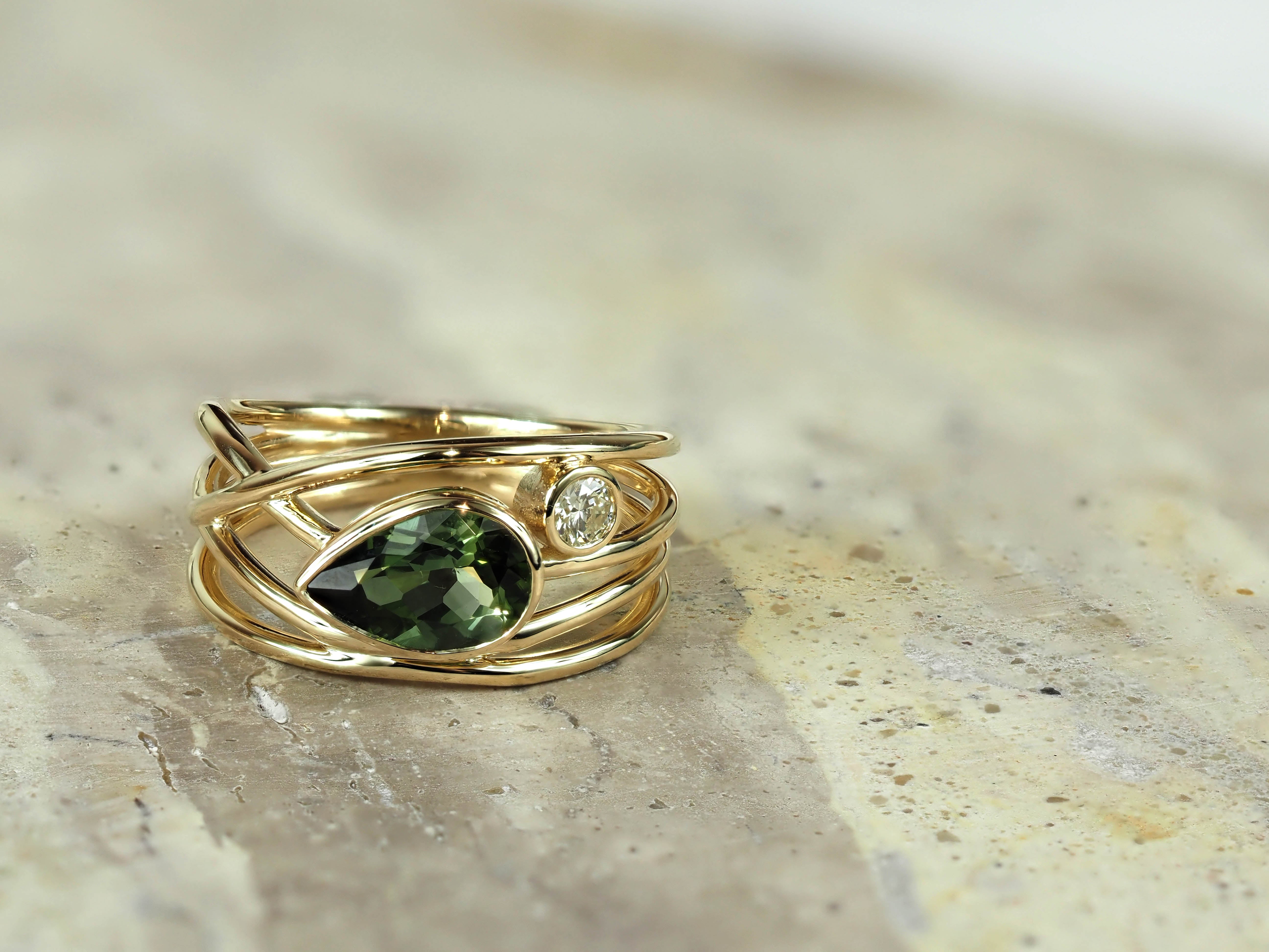 9ct Yellow Gold Green Tourmaline and Diamond Multi Wire Ring, 1.20ct Centre