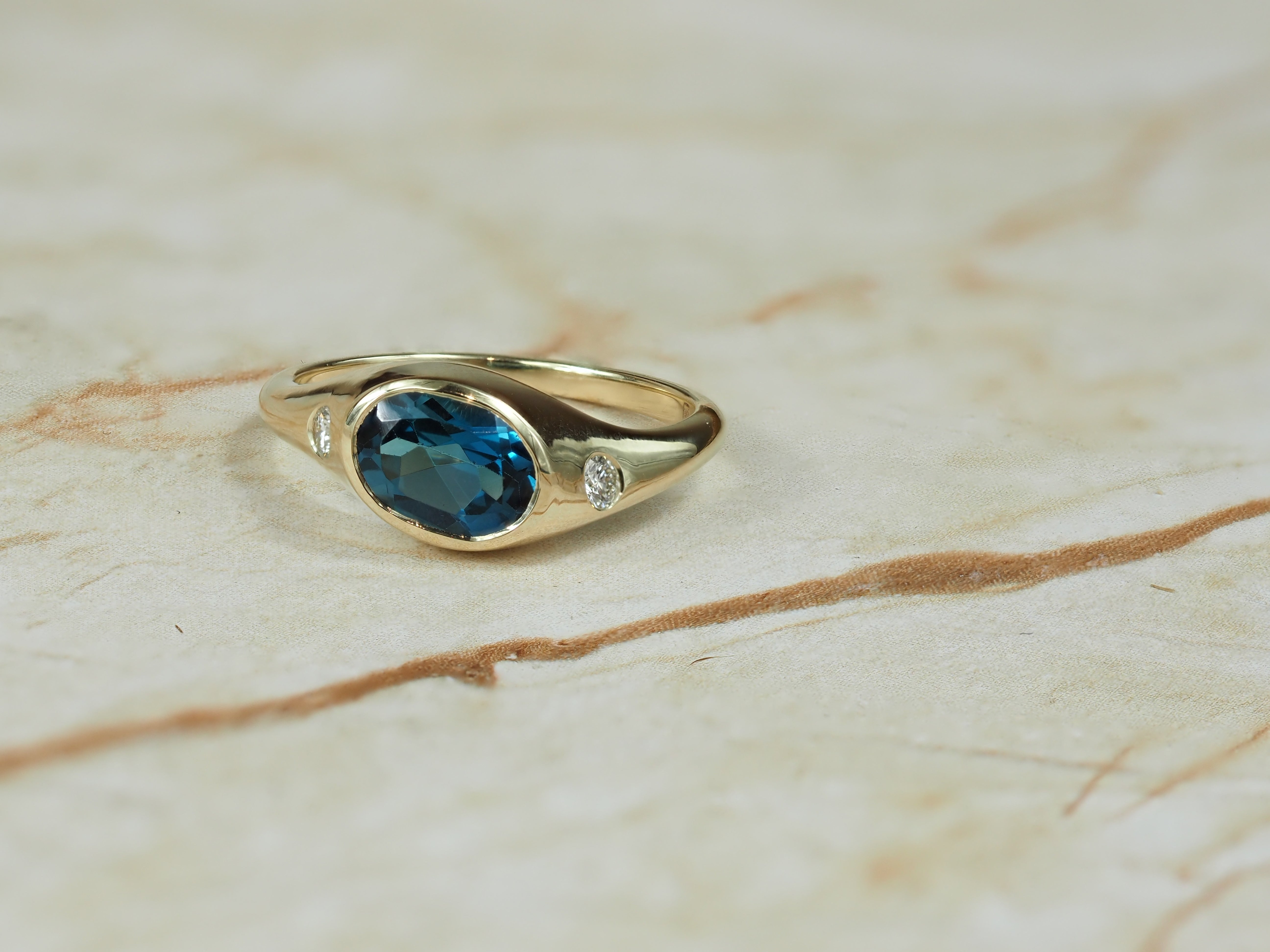 9ct Yellow Gold London Blue Topaz and Diamond Ring
