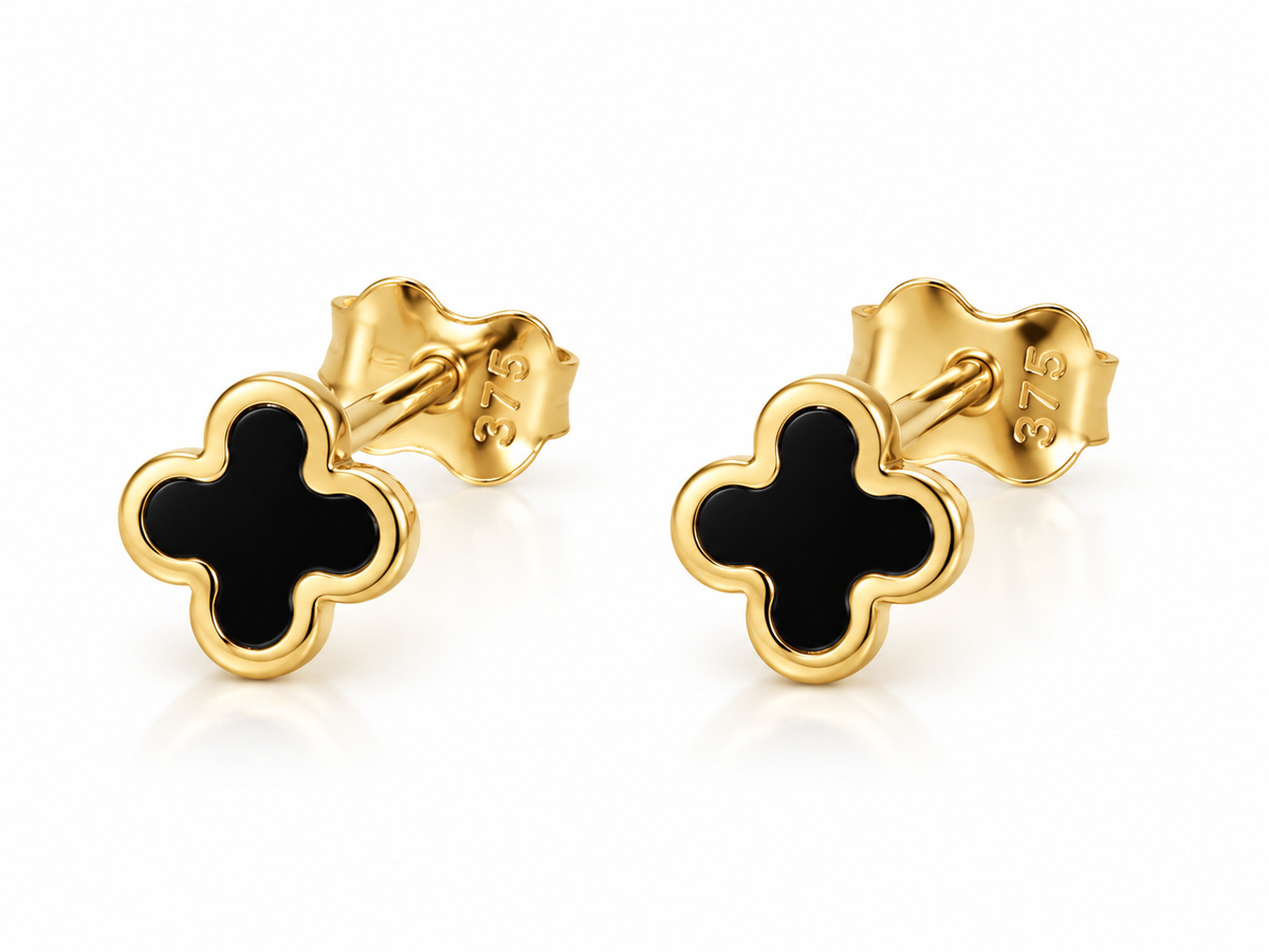 9ct Yellow Gold Onyx Flower Stud Earrings