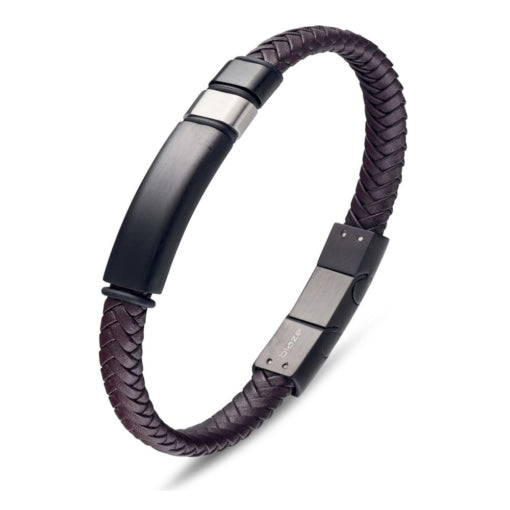 Stainless Steel Brown Leather Bracelet, 21cm