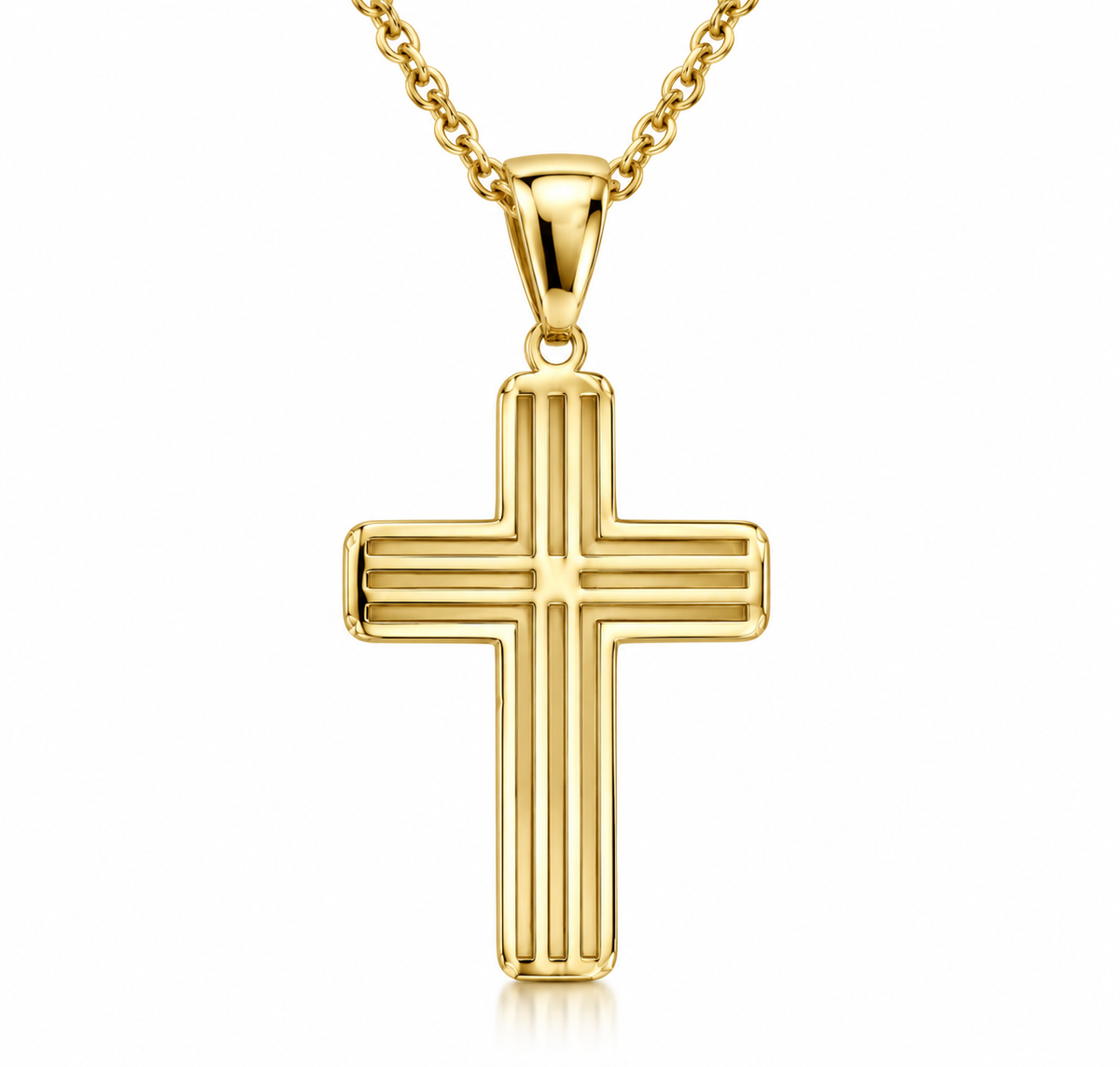 9ct Yellow Gold Line Detailed Cross Pendant, 23mm