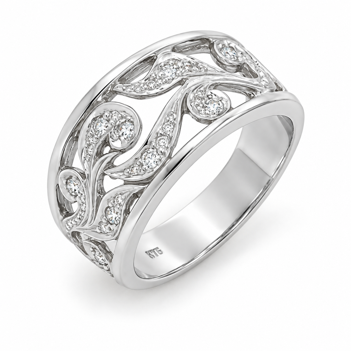 9ct White Gold Filigree Diamond Ring
