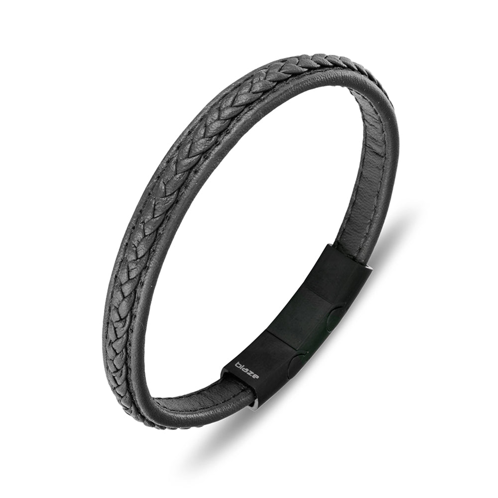Stainless Steel Black Leather Bracelet, 21cm