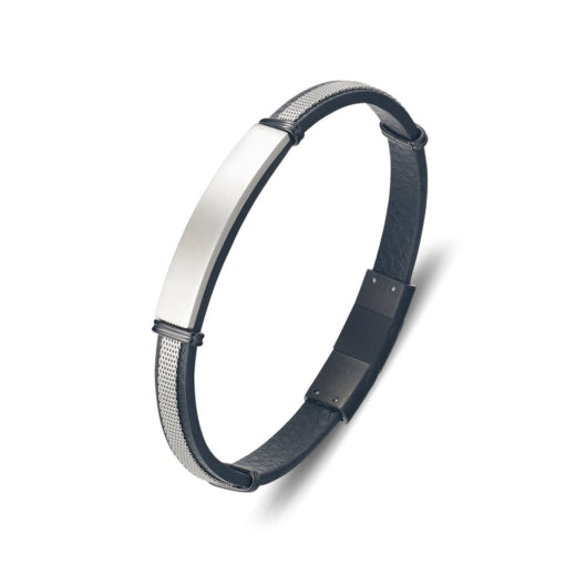 Stainless Steel Black Leather Bracelet with ID Plate, 22cm