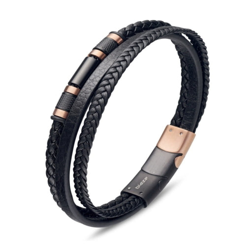 Stainless Steel Multi-Strand Black Leather bracelet, 22cm