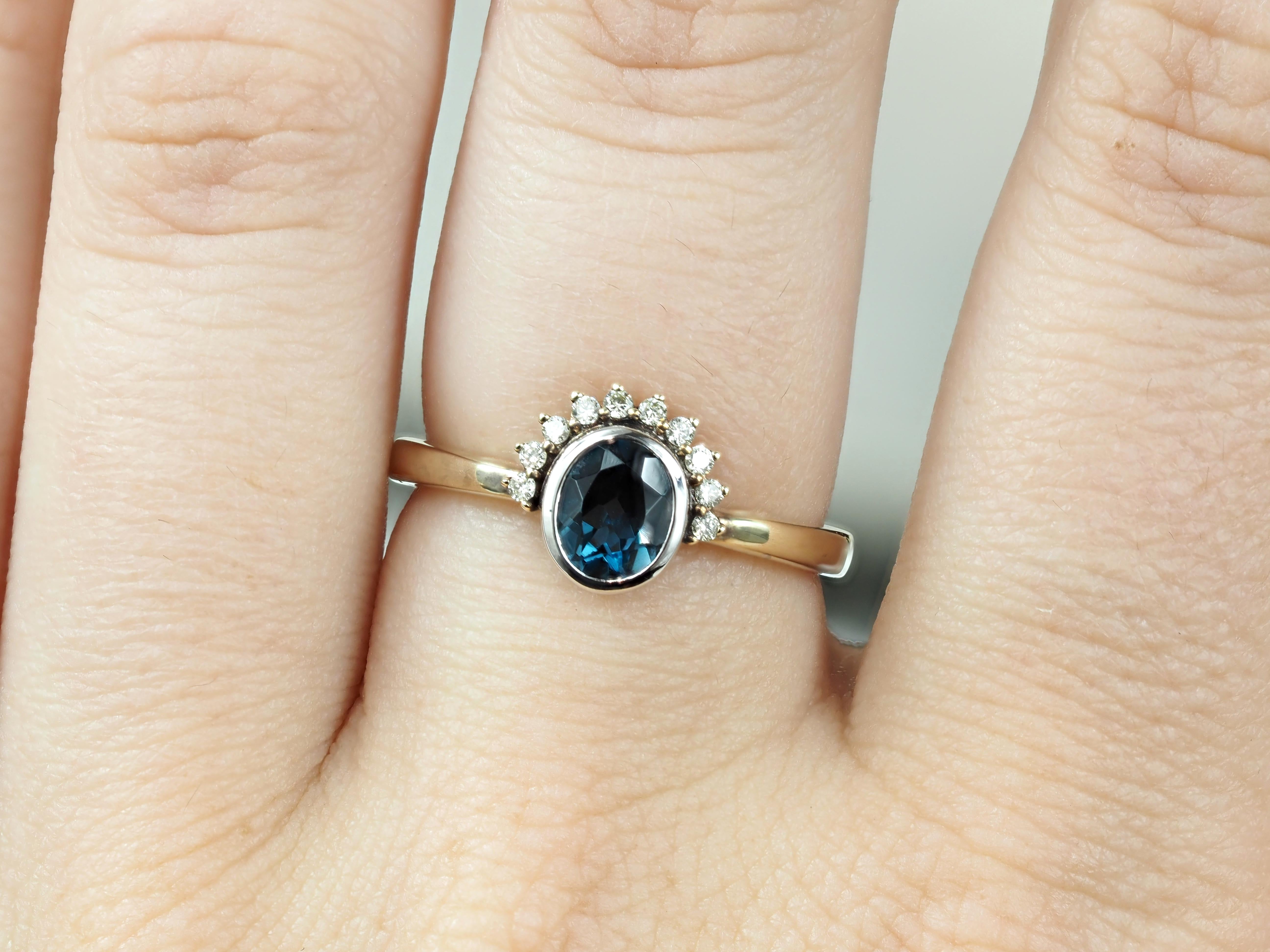 9ct Yellow Gold London Blue Topaz and Diamond ring