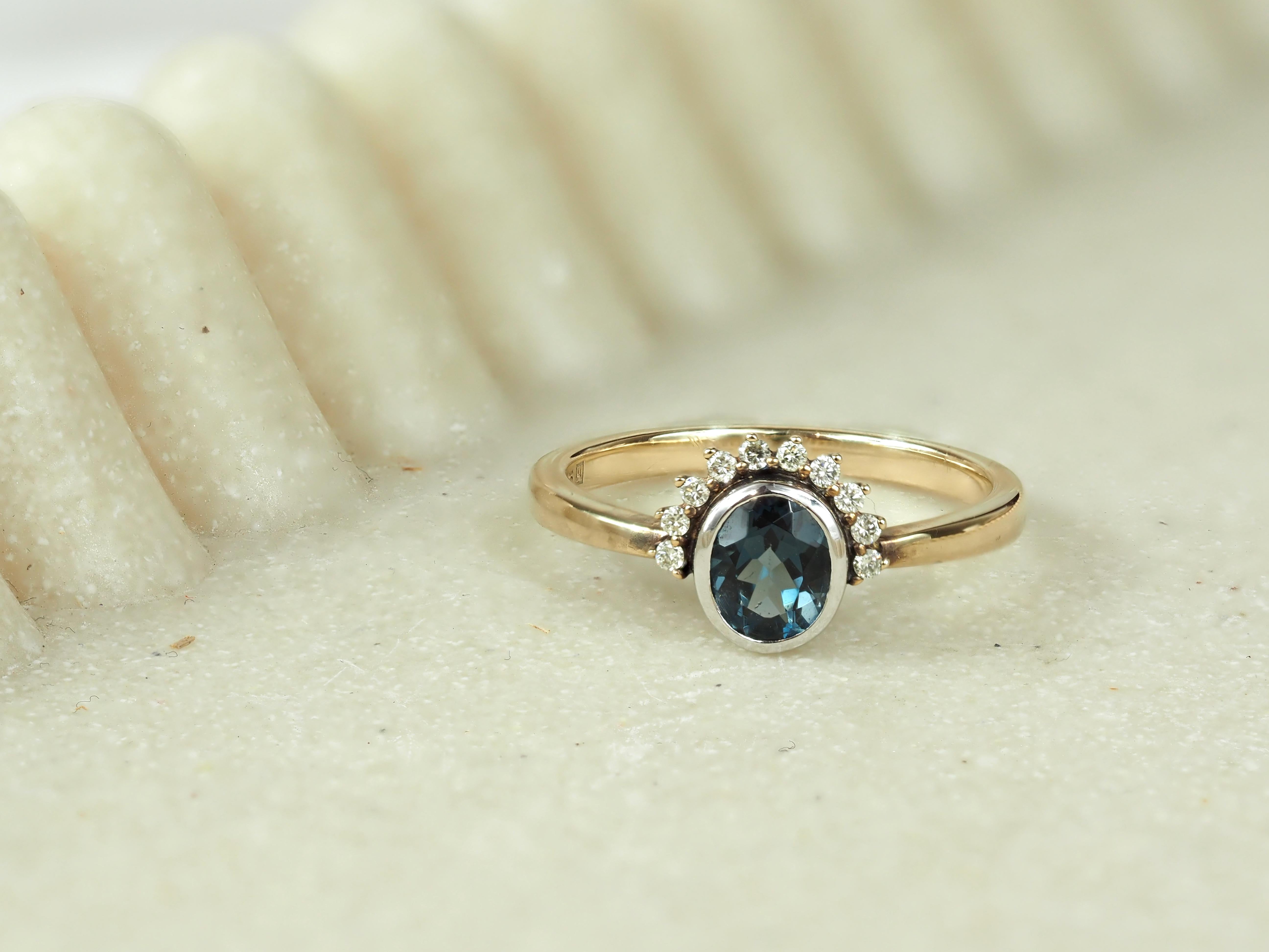 9ct Yellow Gold London Blue Topaz and Diamond ring