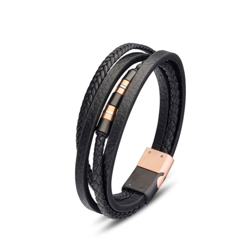 Stainless Steel Multi Strand Black Leather Bracelet, 23cm