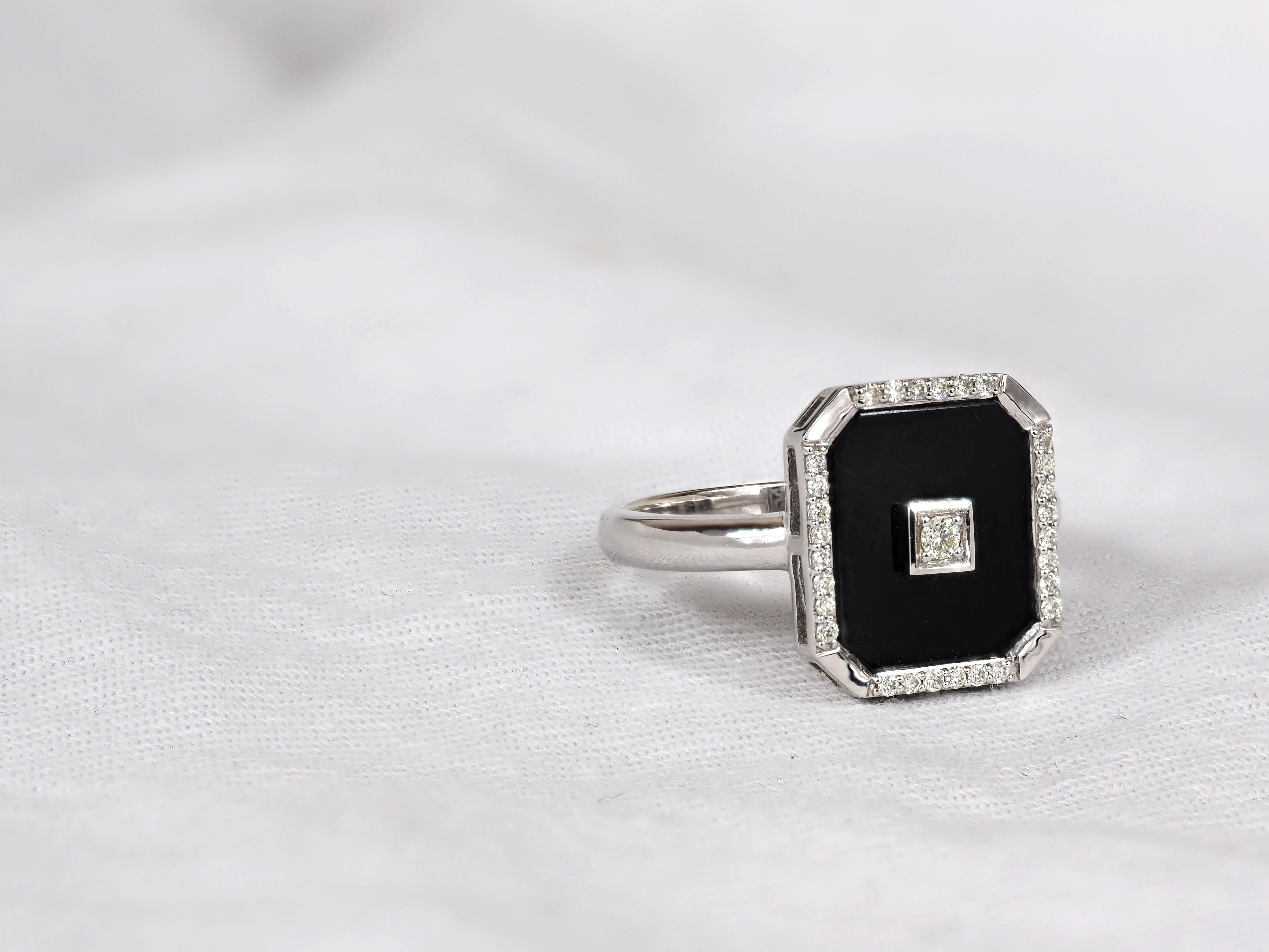 9ct White Gold, Onyx & Diamond Bezel Set Dress Ring