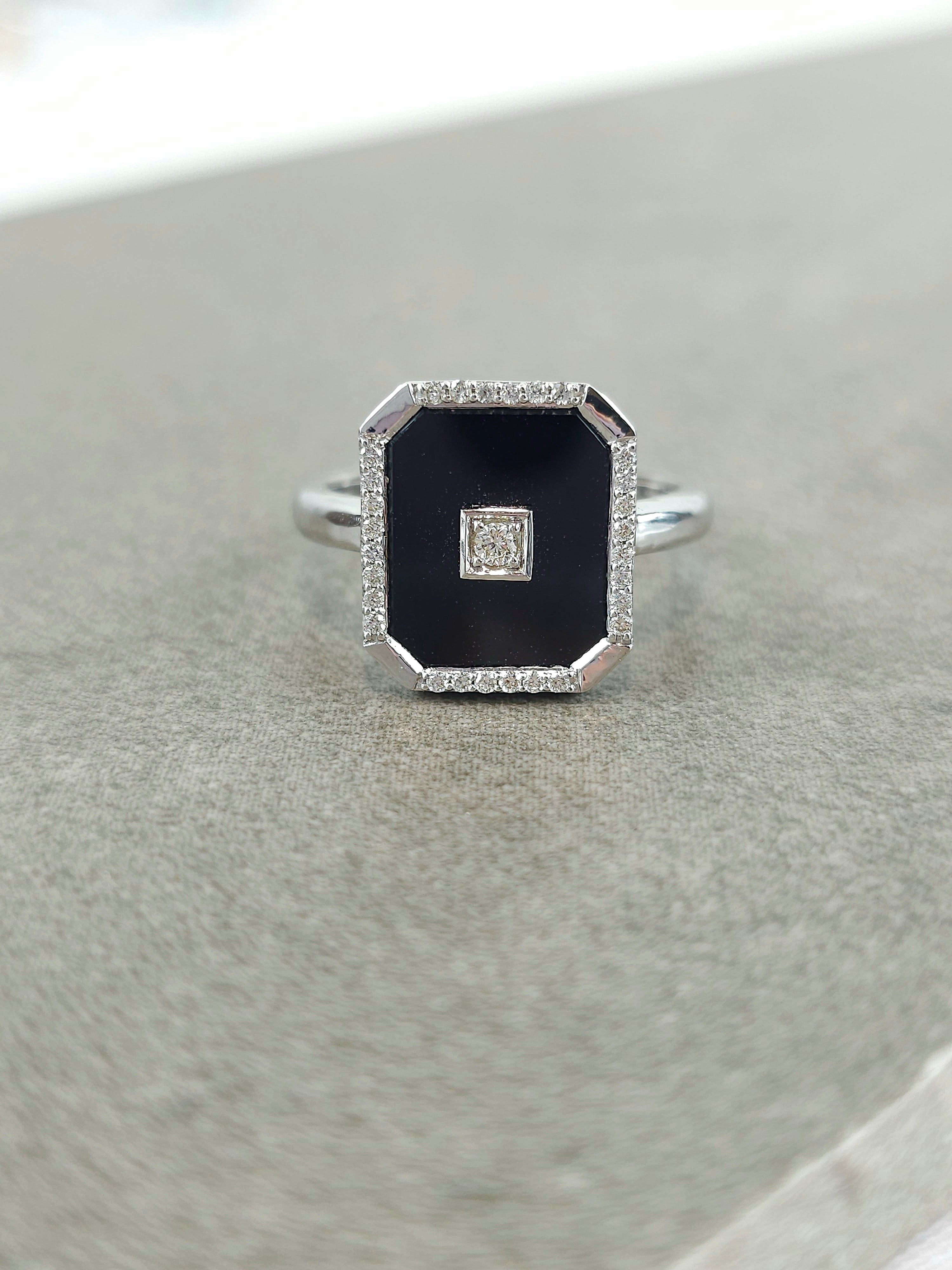 9ct White Gold, Onyx & Diamond Bezel Set Dress Ring