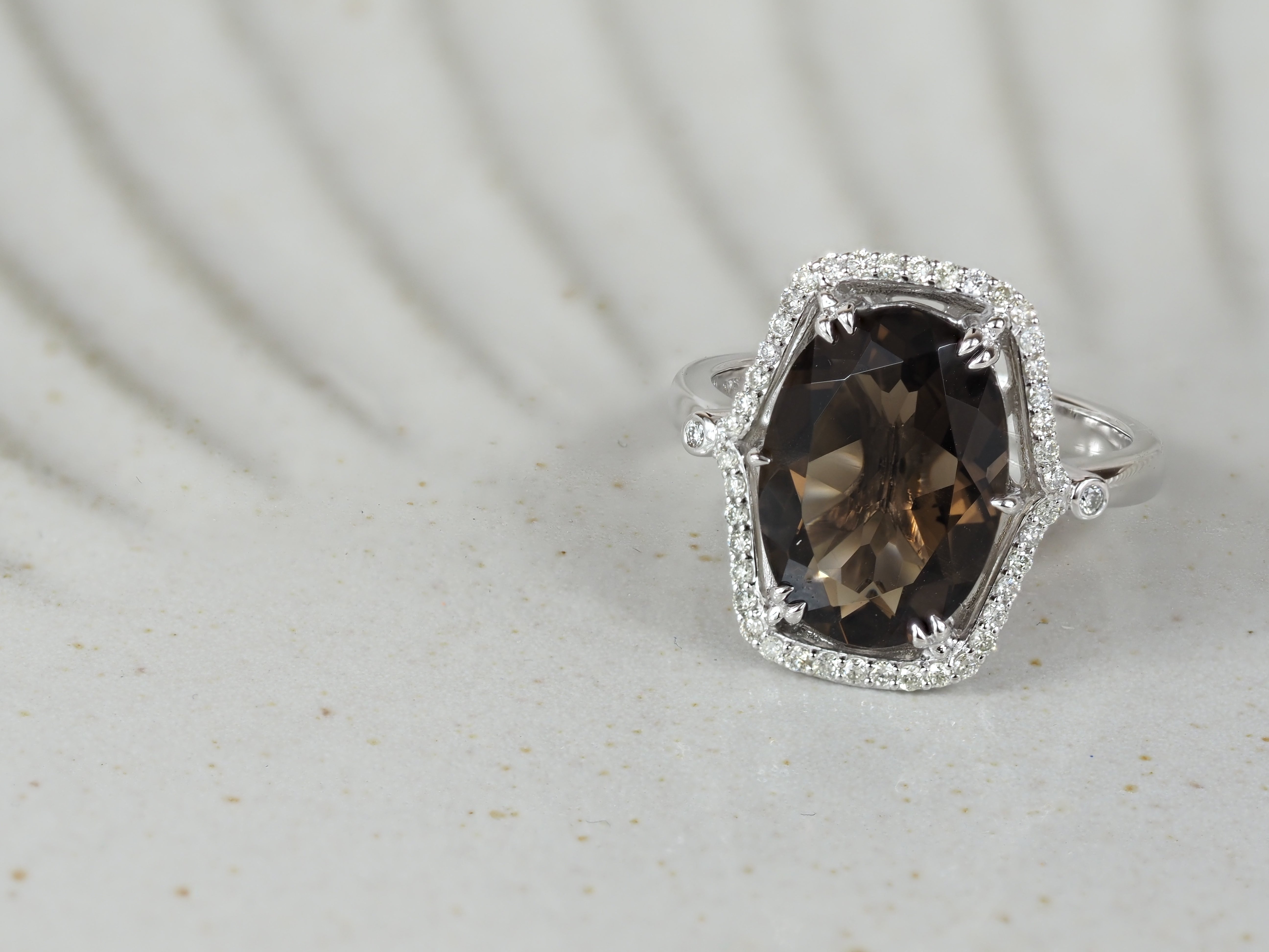 9ct White Gold Smokey Quartz and Diamond ring