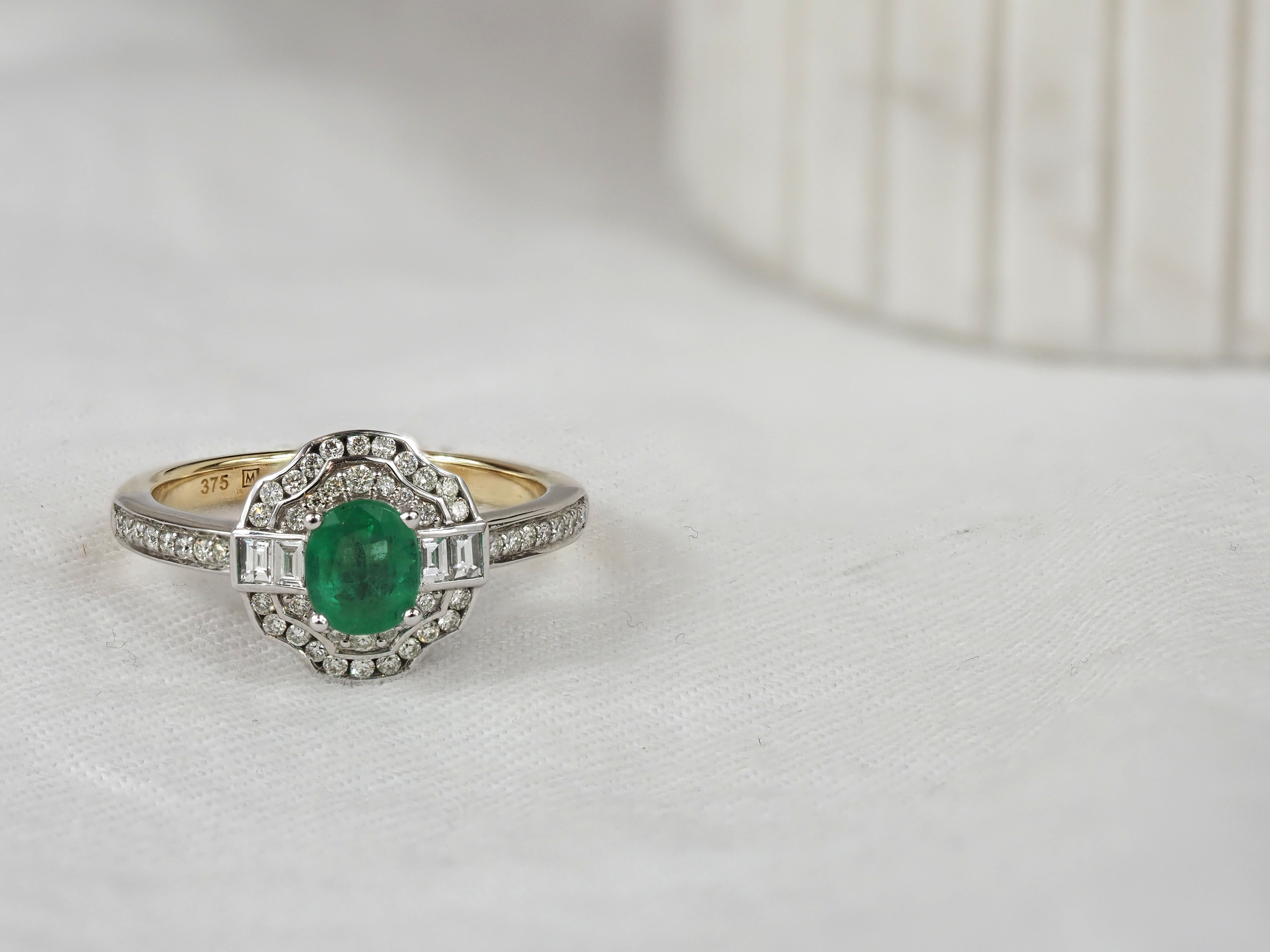 9ct Yellow and White gold Emerald and Diamond ring