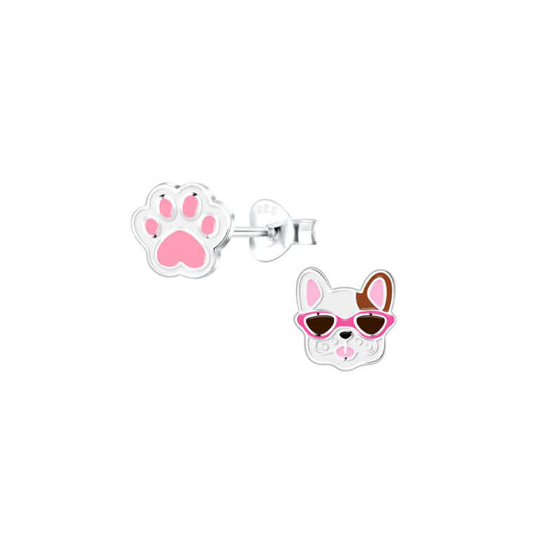 Sterling Silver Dog and Paw Stud Earrings