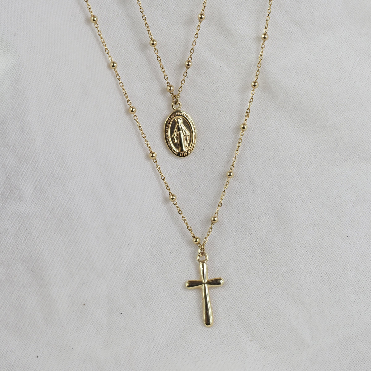 9ct Yellow Gold Madonna and Cross Double Chain