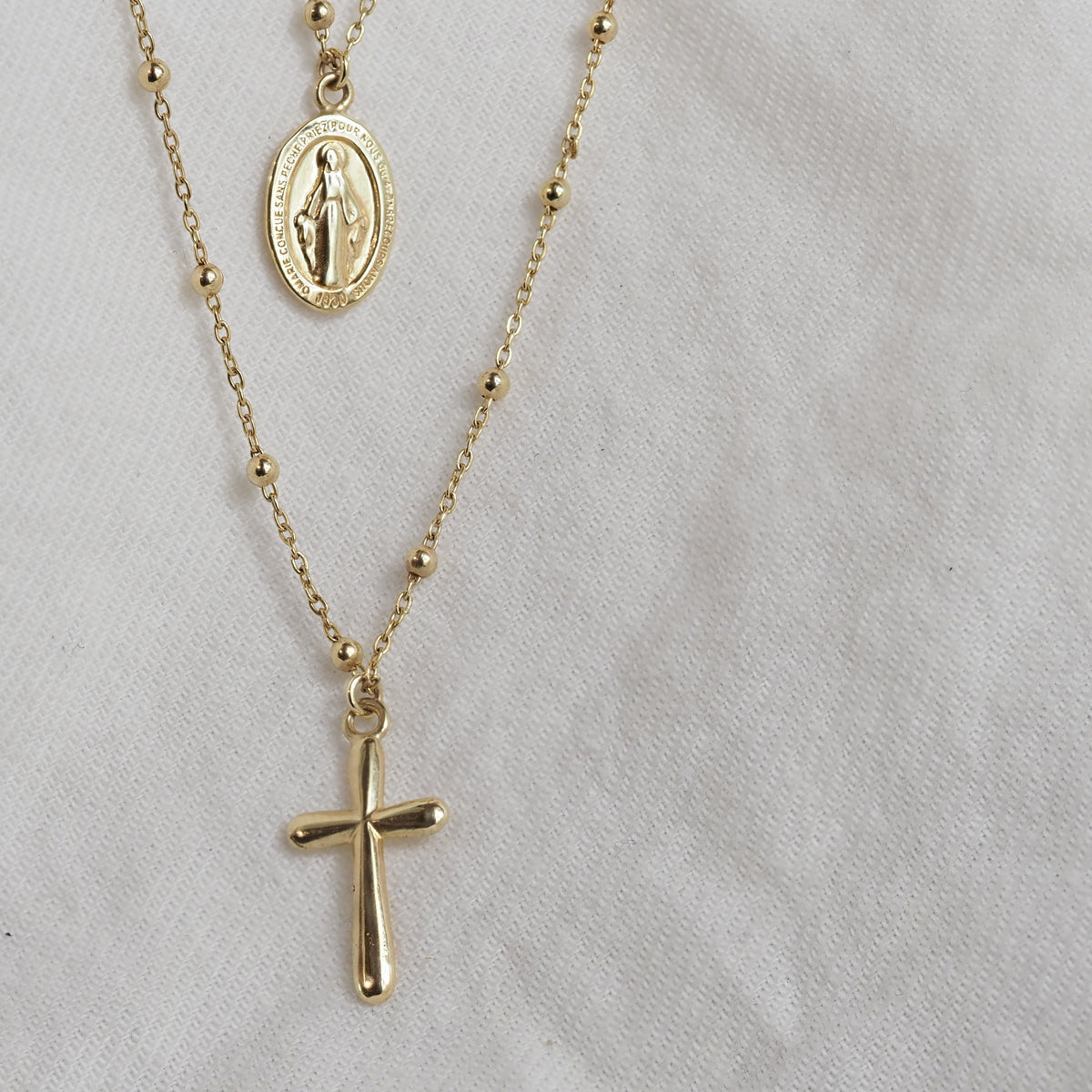 9ct Yellow Gold Madonna and Cross Double Chain