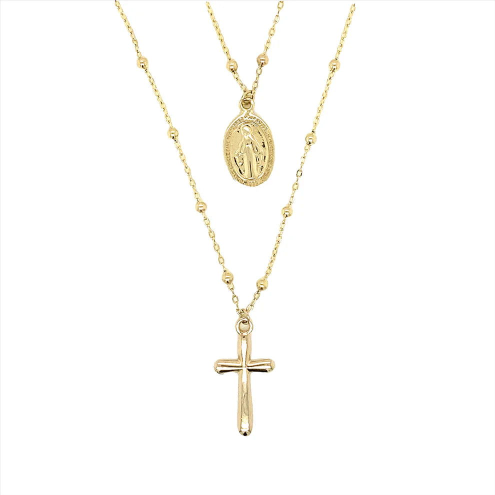 9ct Yellow Gold Madonna and Cross Double Chain