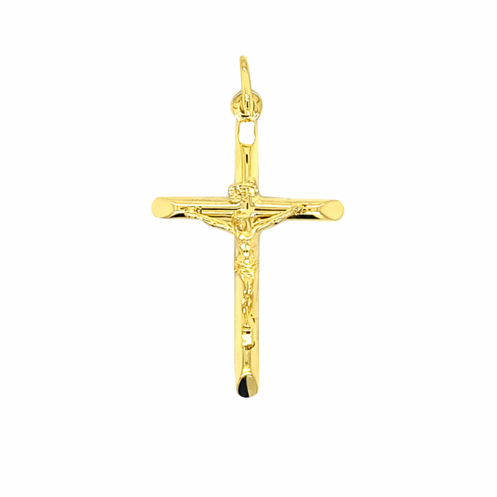 Gold crucifix pendant on a white background