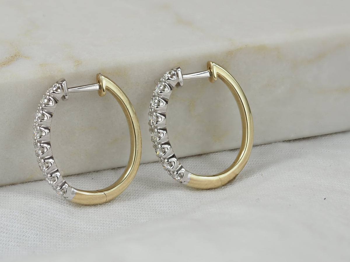 9ct Yellow and White Gold Oval Huggie Earrings, 1ct Total
