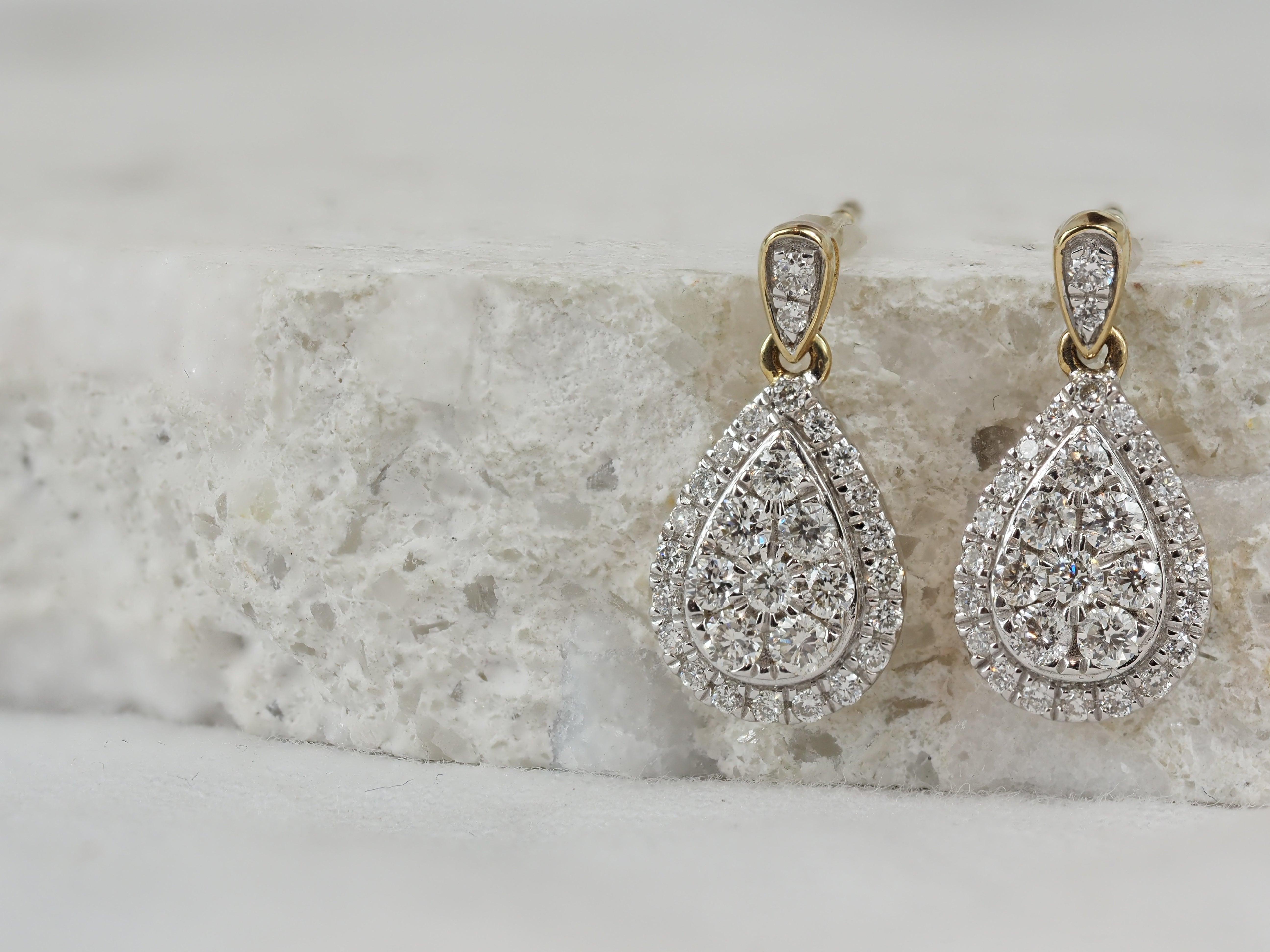 9ct Yellow and White Gold Beadset Teardrop Diamond Stud Earrings, 0.50ct total