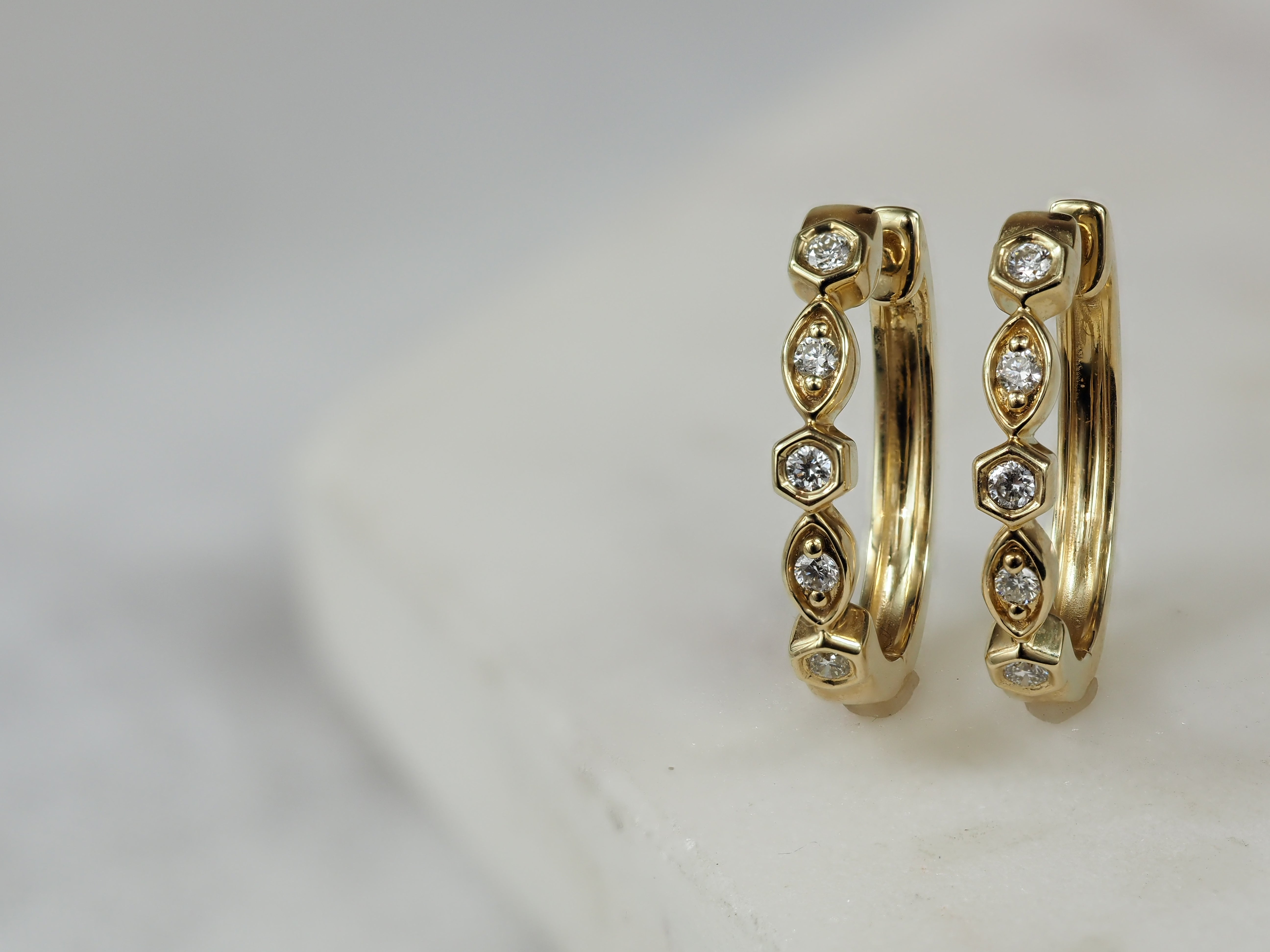 9ct Yellow Gold Round and Marquis shaped Diamond Huggies, 0.17ct total