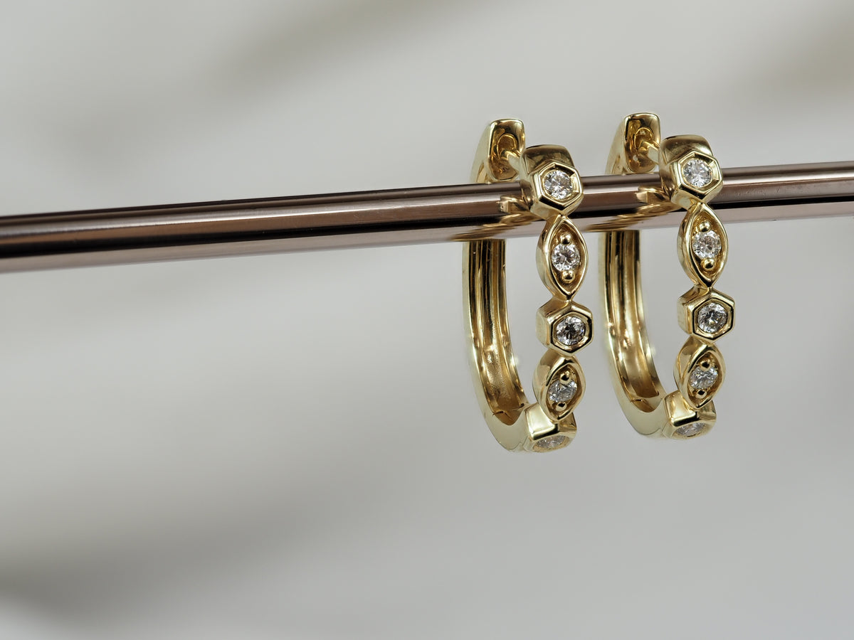 9ct Yellow Gold Round and Marquis shaped Diamond Huggies, 0.17ct total