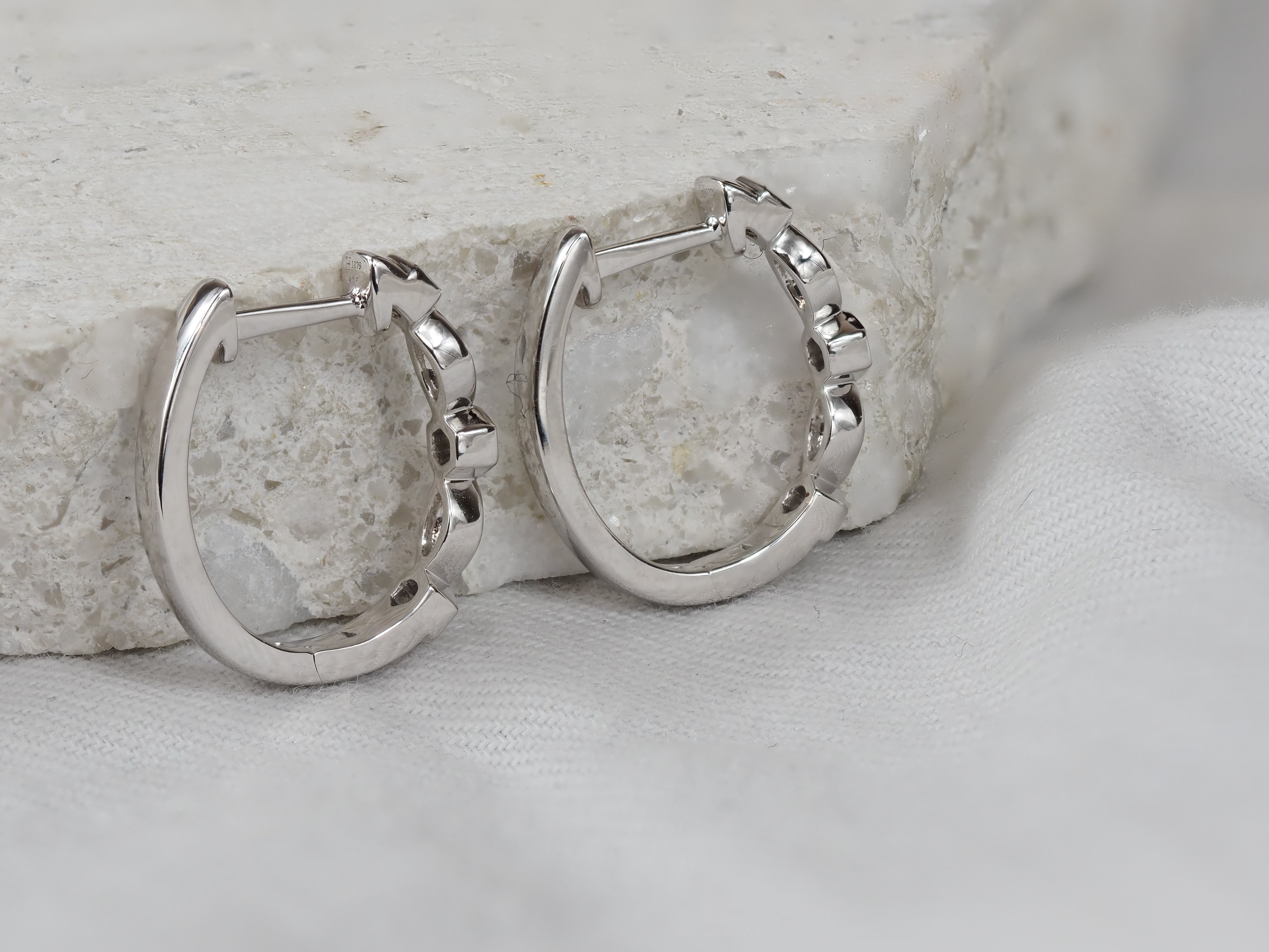9ct White Gold Round and Marquis shaped Diamond Huggies, 0.17ct total