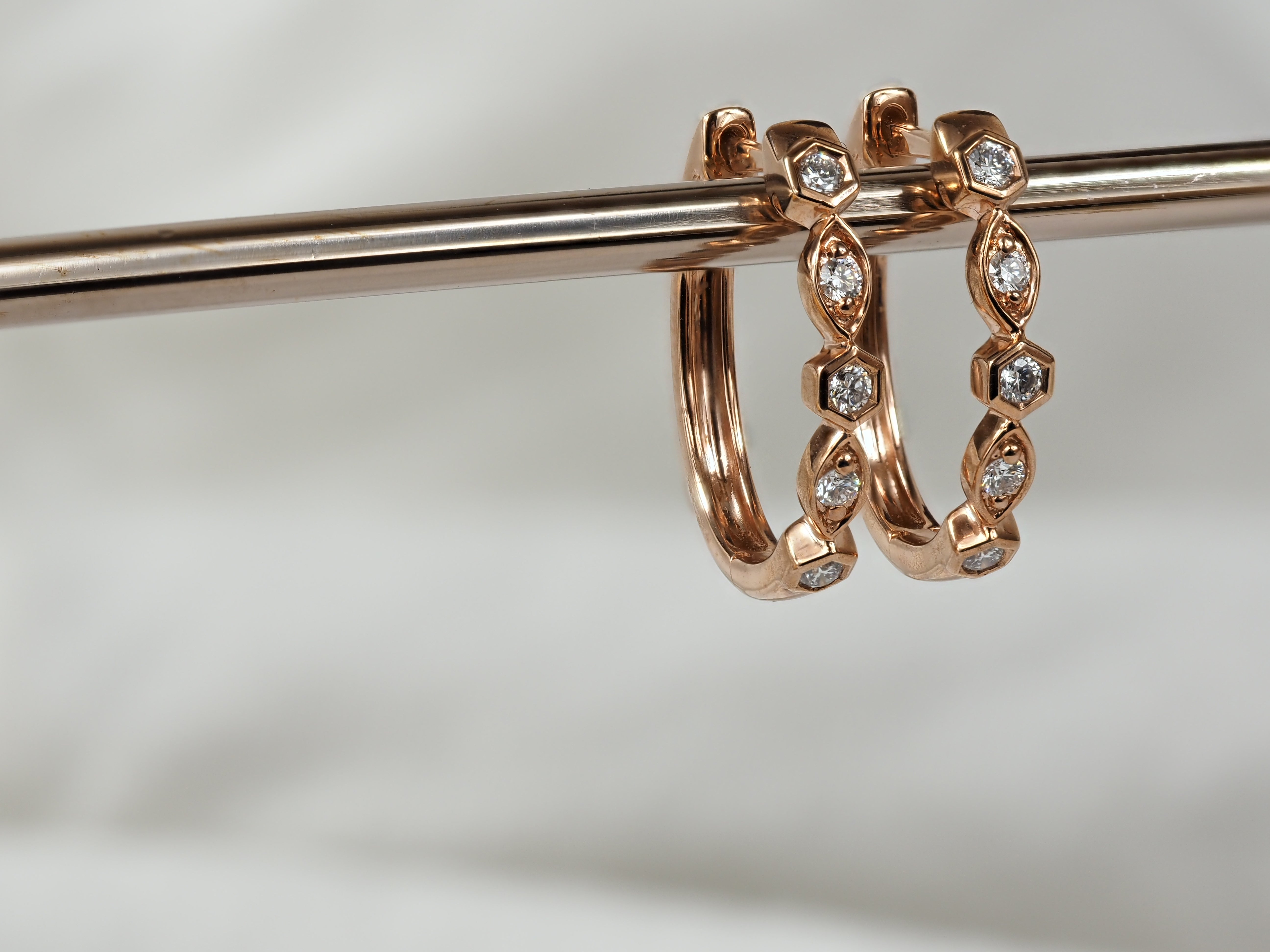 9ct Rose Gold Round and Marquis shaped Diamond Huggies, 0.17ct total