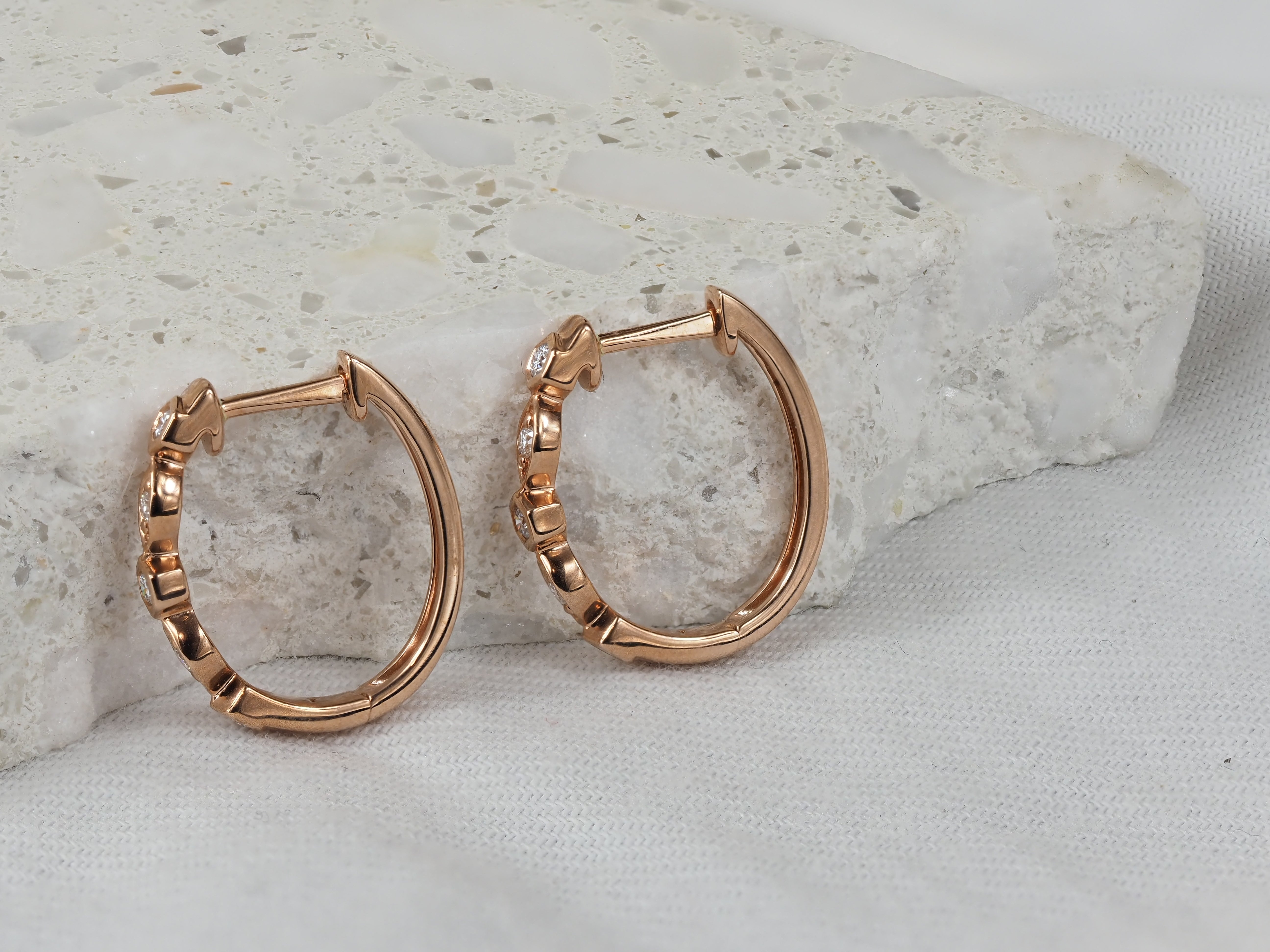 9ct Rose Gold Round and Marquis shaped Diamond Huggies, 0.17ct total