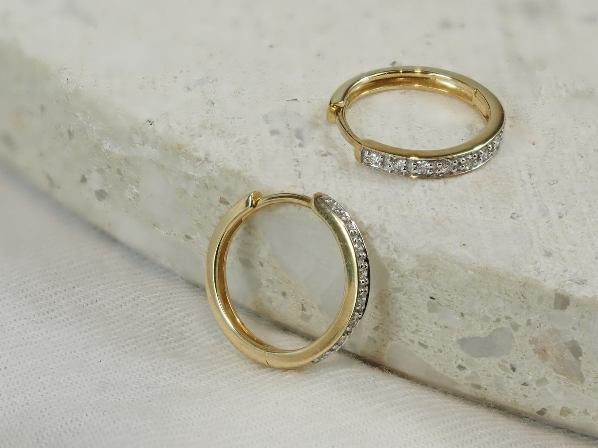 9ct Yellow Gold & White Gold 0.10Ct Diamond Huggie Earrings
