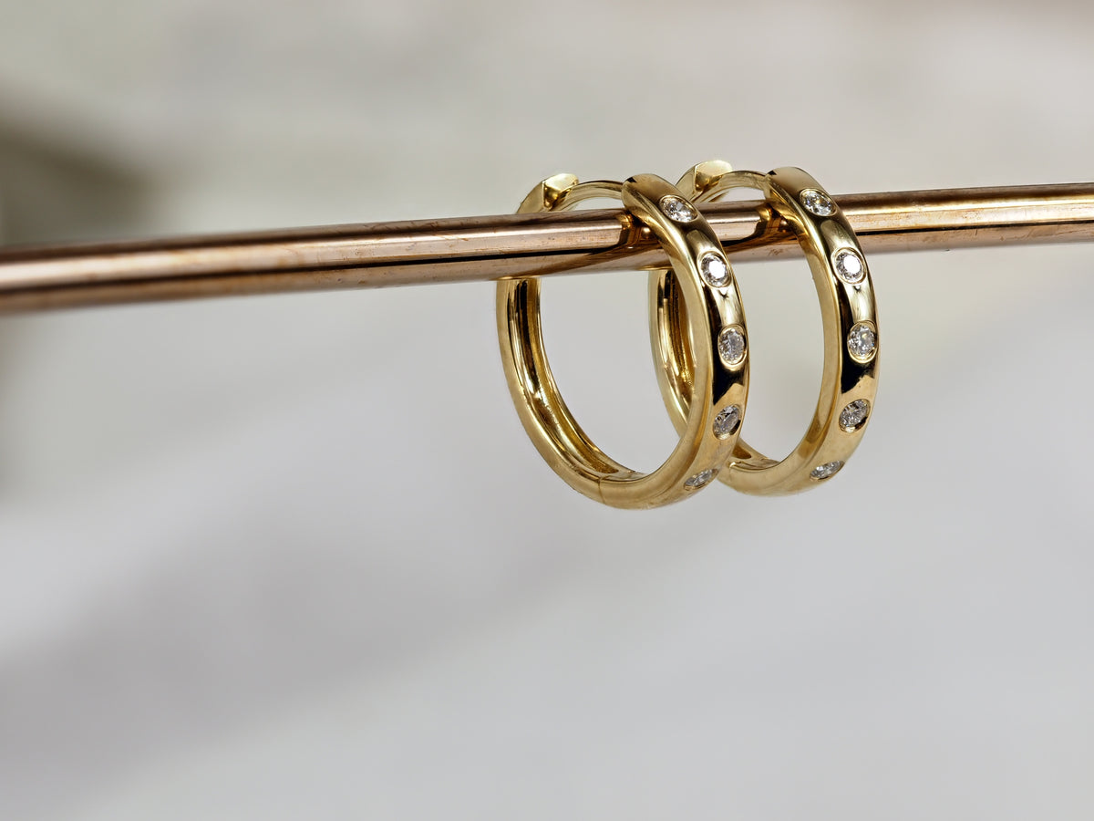 9ct Yellow Gold Diamond Hammer Set Huggie Earrings, 0.15ct Total