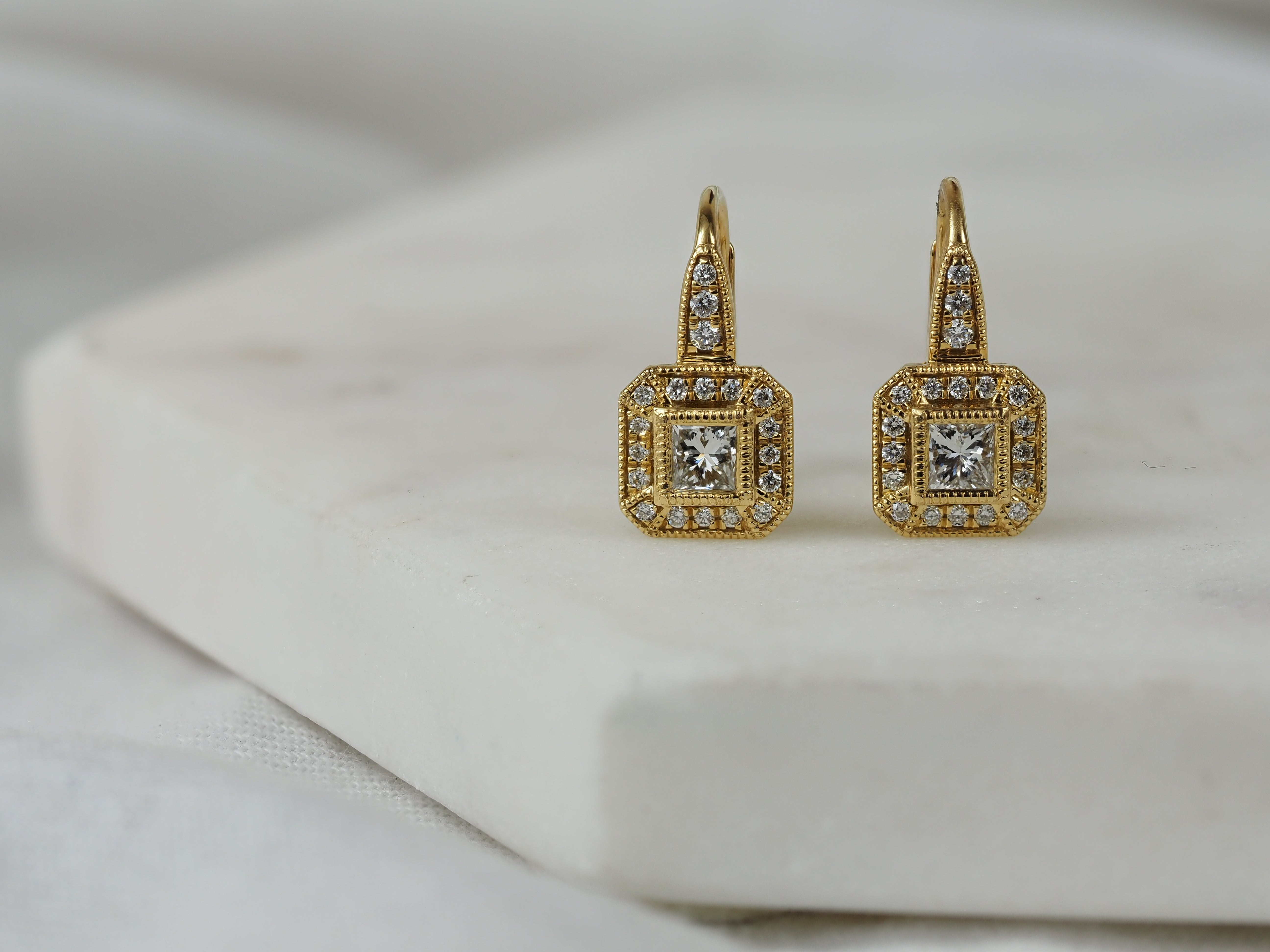18ct Yellow Gold Diamond Art Deco Earrings, 0.52ct Total