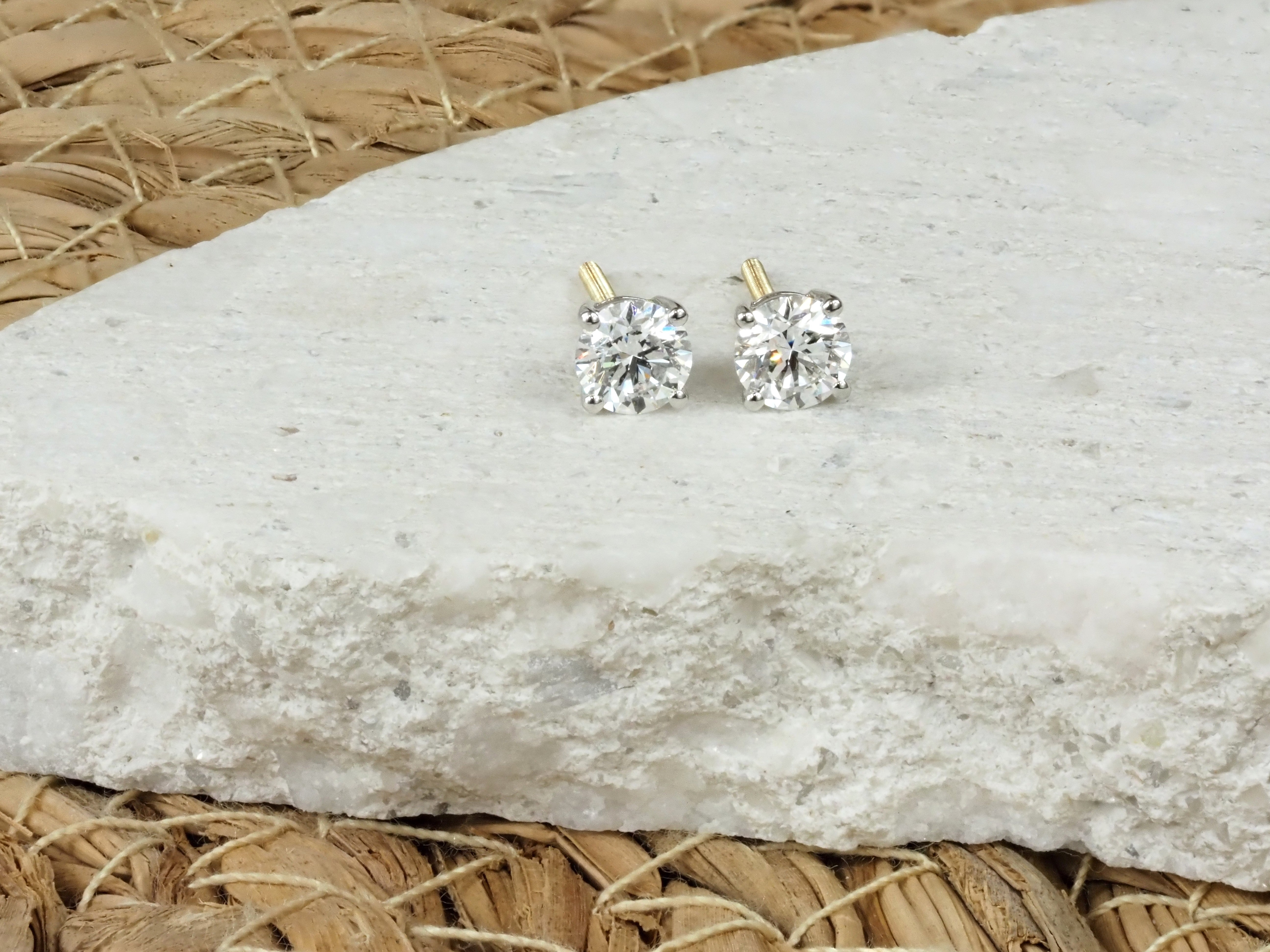 14 carat two-tone lab-grown Diamond Studs, 1.08 carats total.