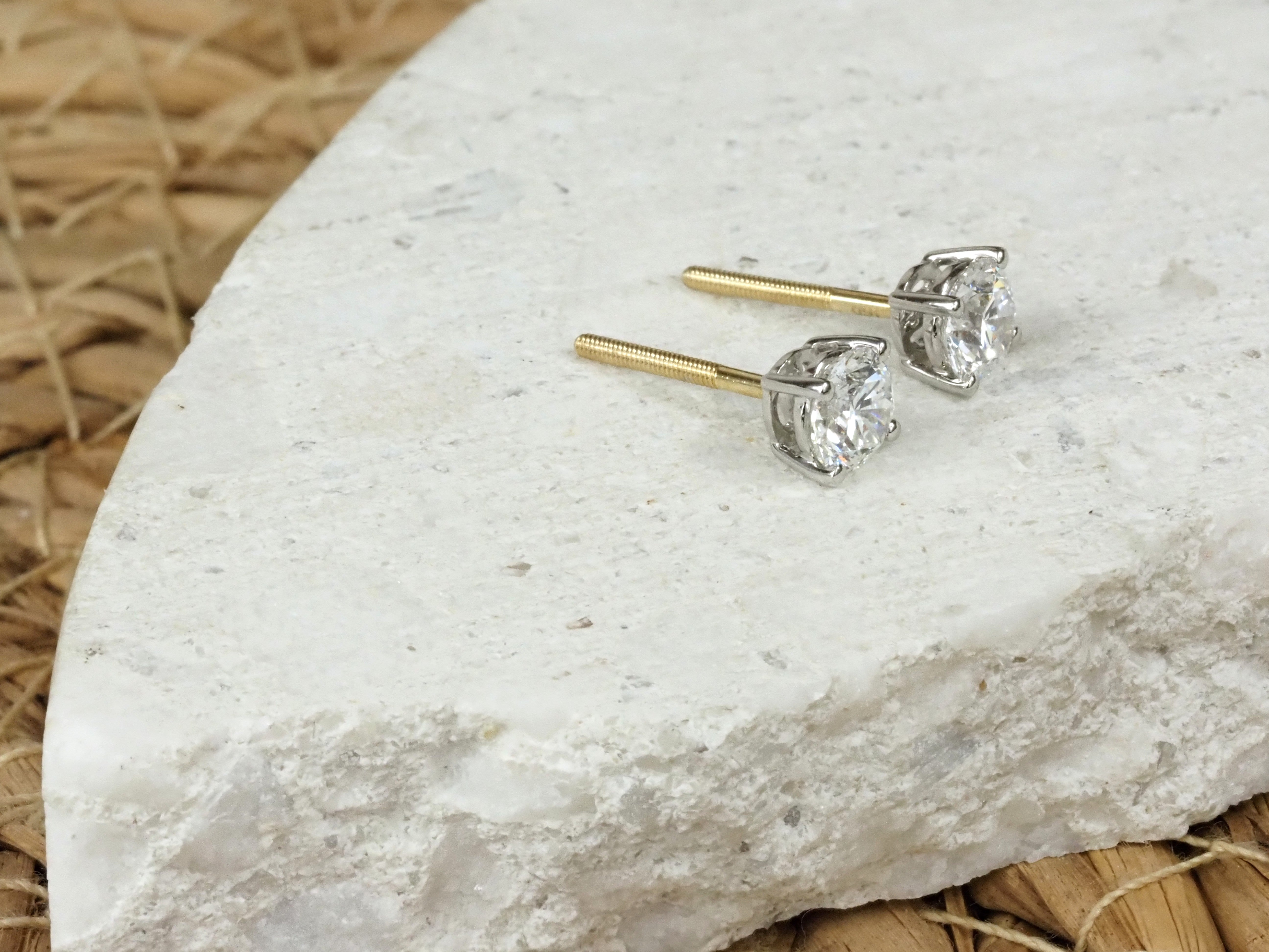 14 carat two-tone lab-grown Diamond Studs, 1.08 carats total.