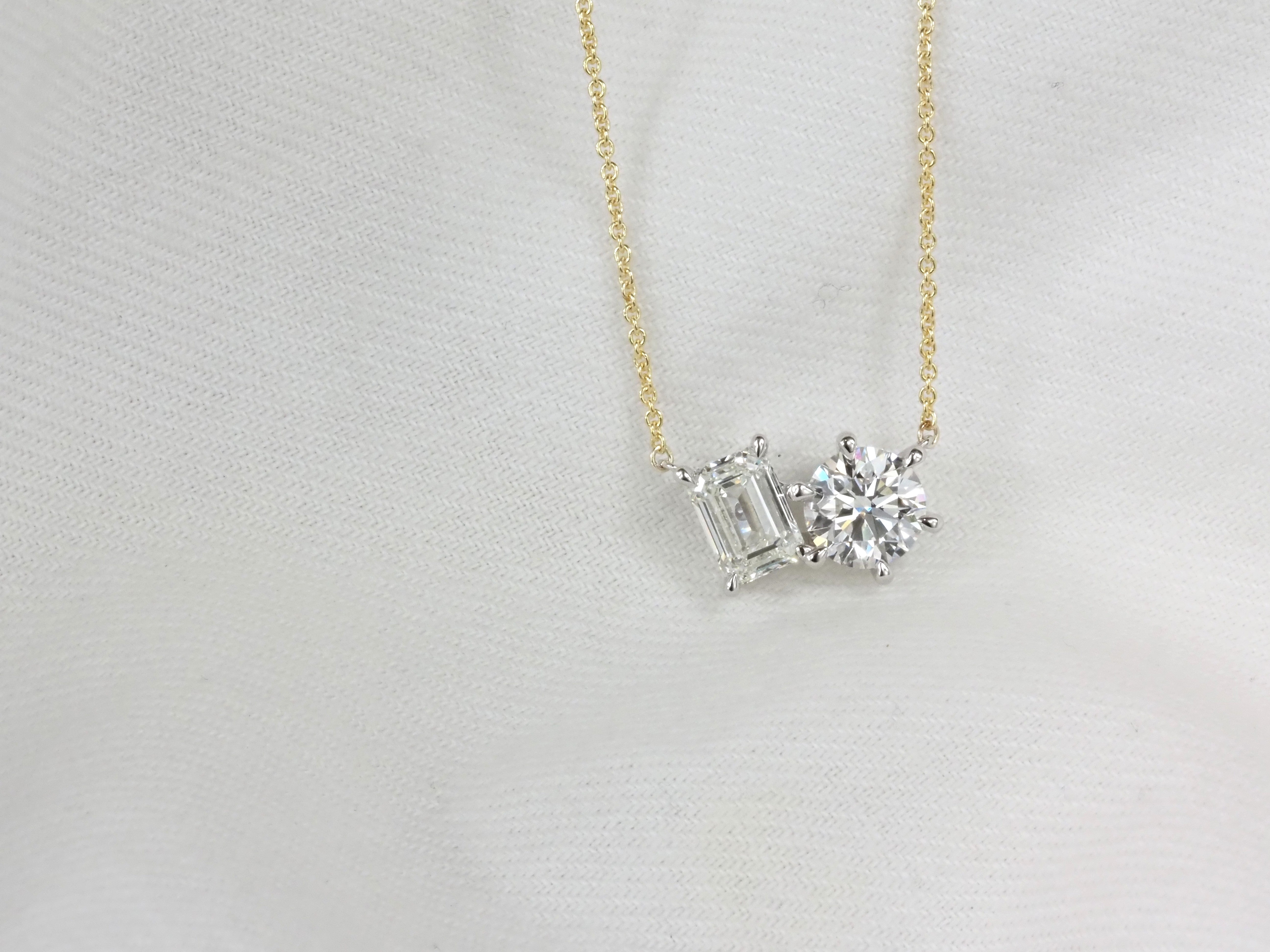 9ct Yellow and White Gold Emerald Cut and Round Lab-Grown Diamond Pendant, 1.52ct Total