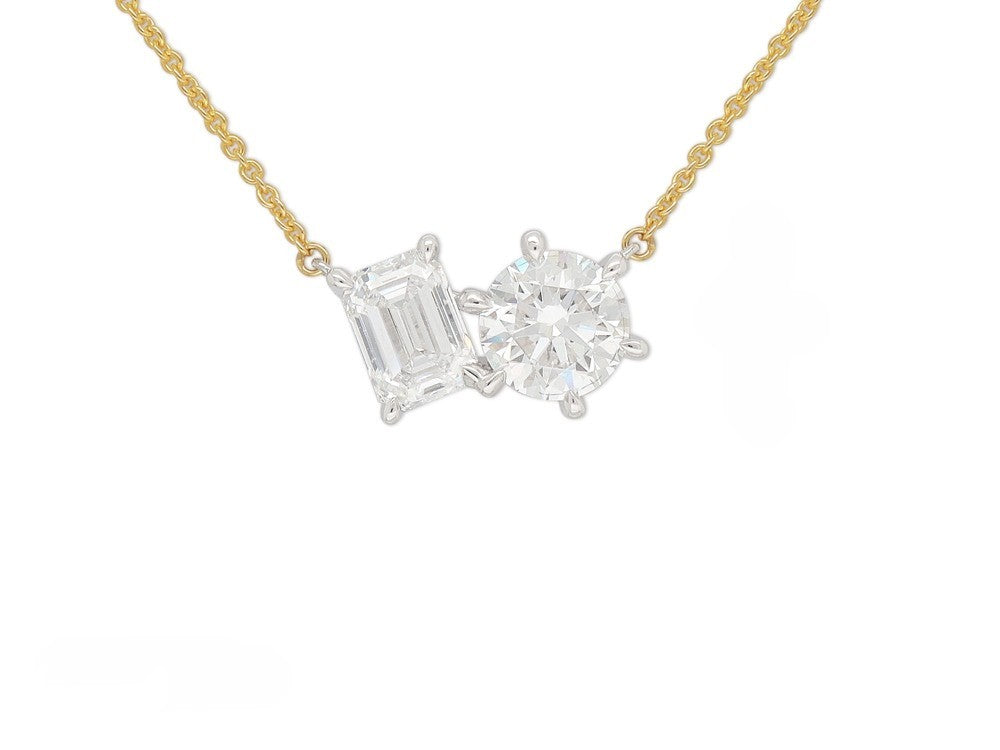 9ct Yellow and White Gold Emerald Cut and Round Lab-Grown Diamond Pendant, 1.52ct Total