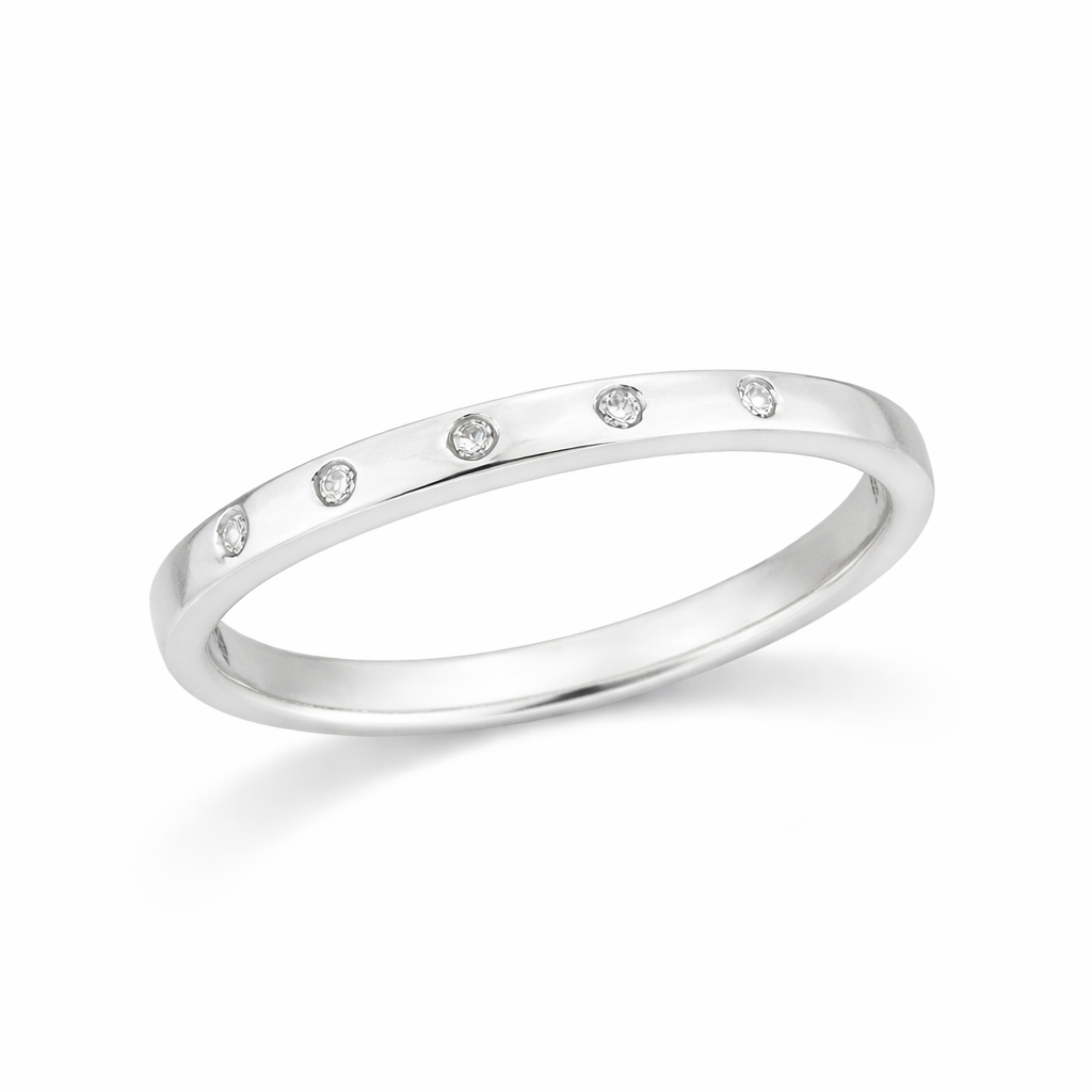 9ct White Gold Hammered Set Diamond Ring, 0.05ct Total