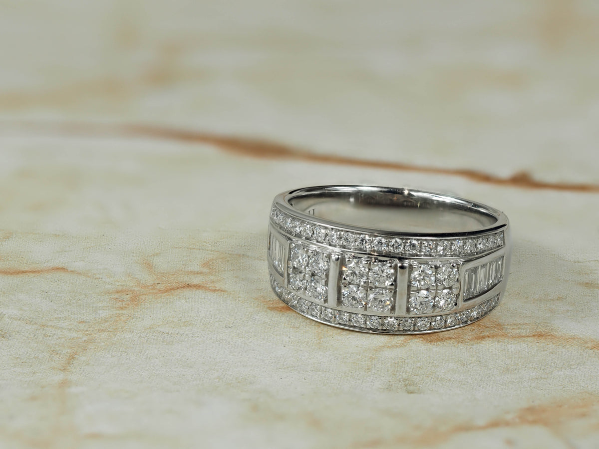 18ct White gold Round Brilliant and Baguette cut Diamond wide dress ring
