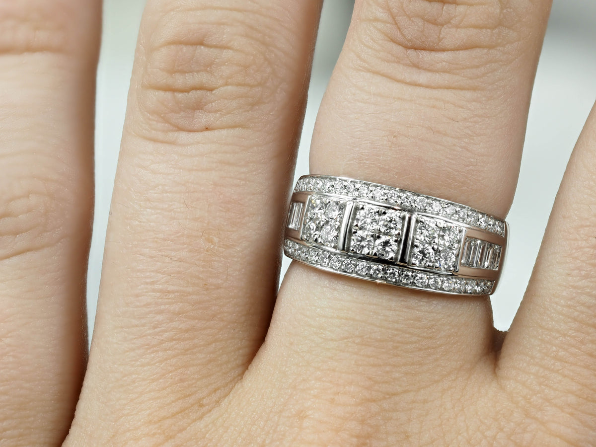 18ct White gold Round Brilliant and Baguette cut Diamond wide dress ring