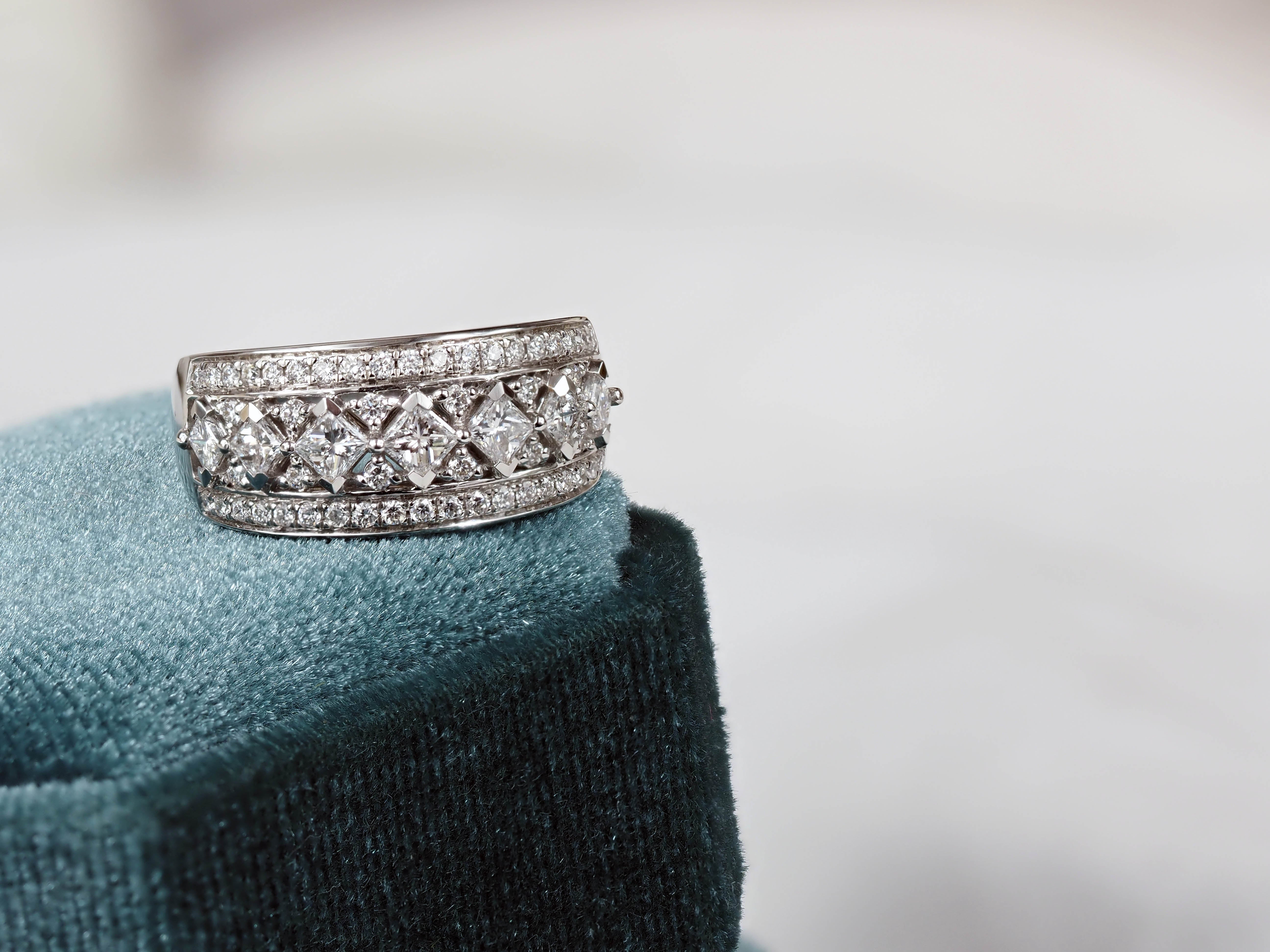 18 Carat White Gold Wide Princess Cut Ring, 1.04 Carats Total.