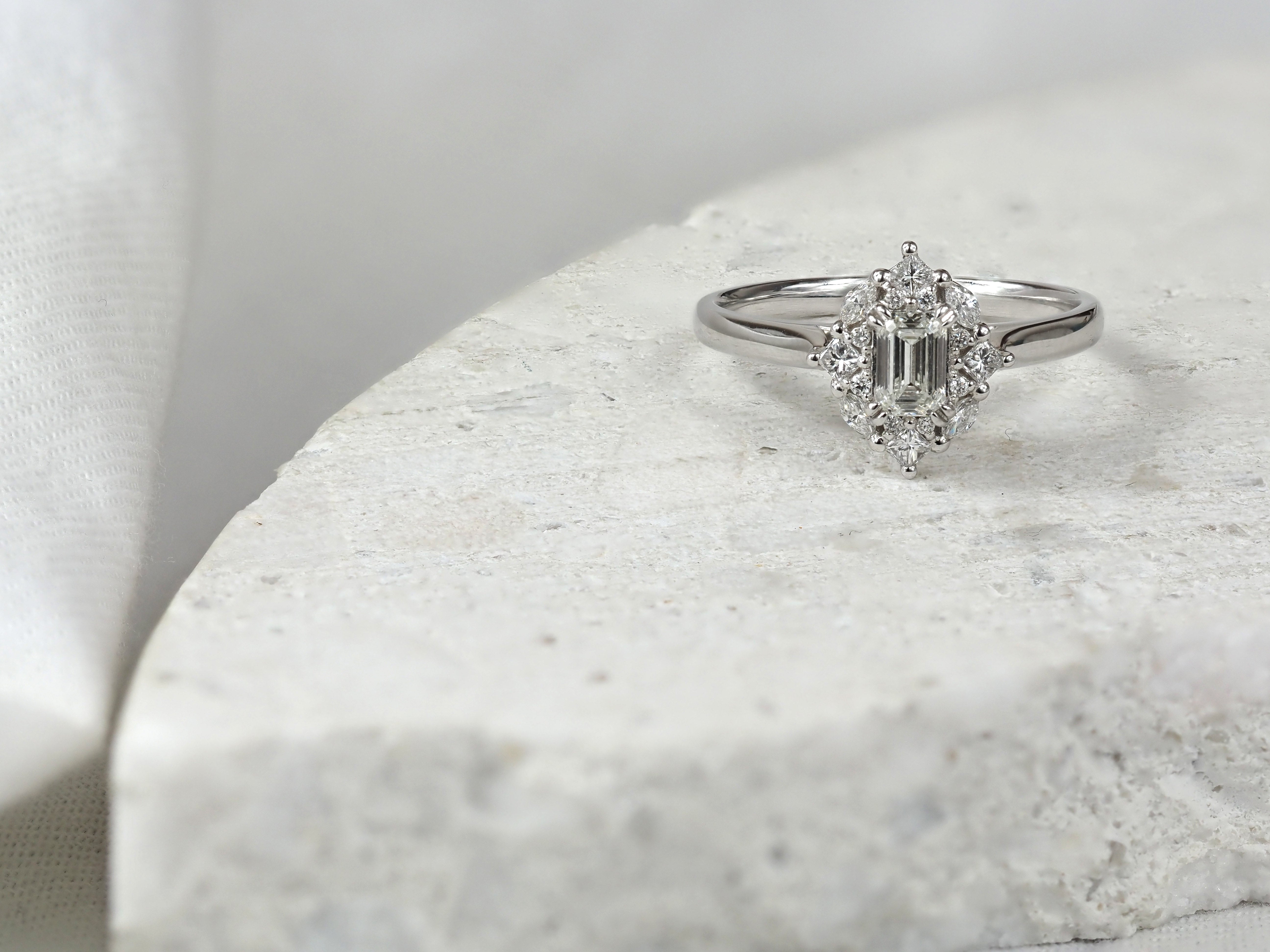 18ct Gold Emerald Cut Halo Diamond Engagement Ring, 0.61ct total