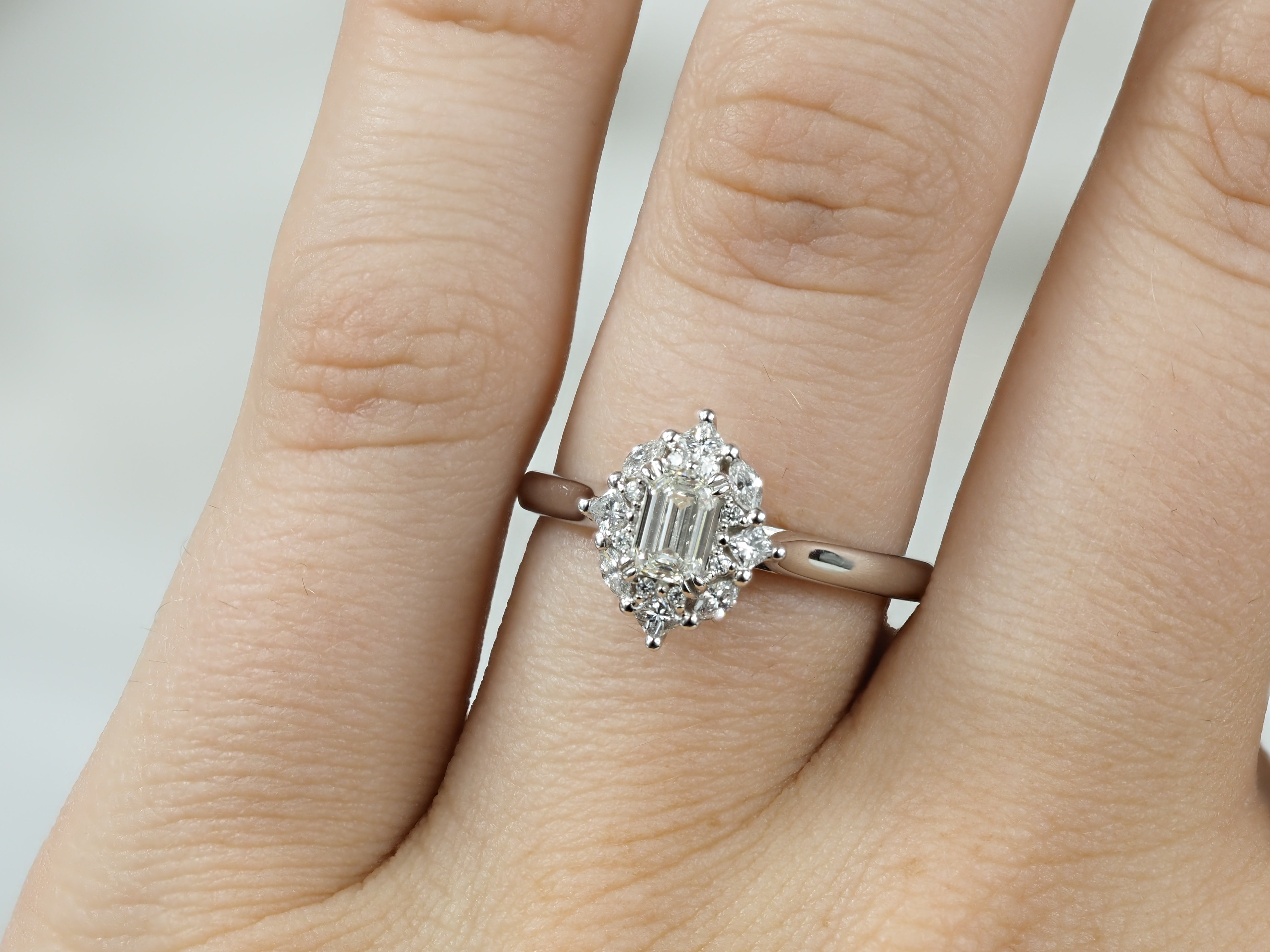 18ct Gold Emerald Cut Halo Diamond Engagement Ring, 0.61ct total