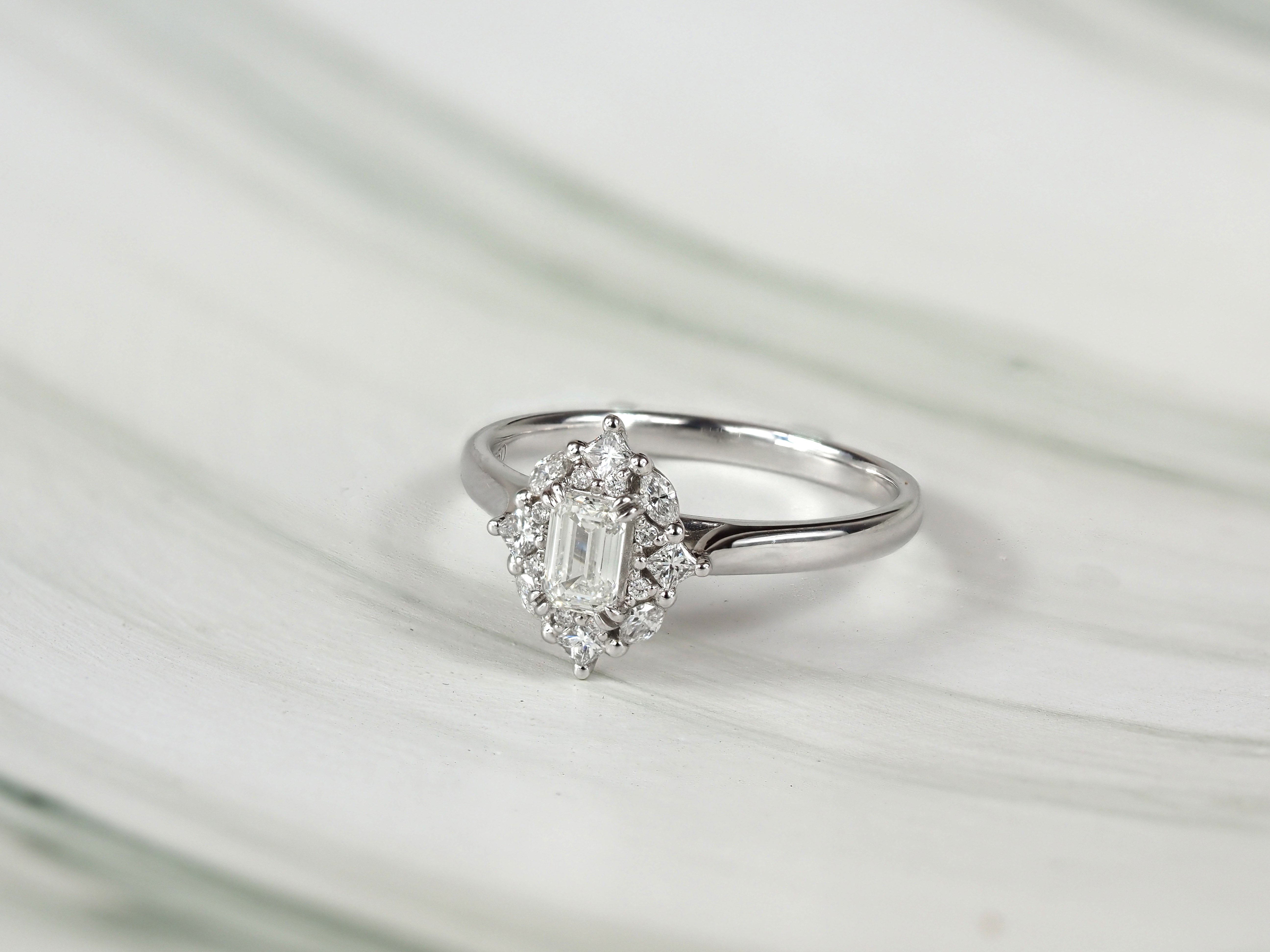 18ct Gold Emerald Cut Halo Diamond Engagement Ring, 0.61ct total