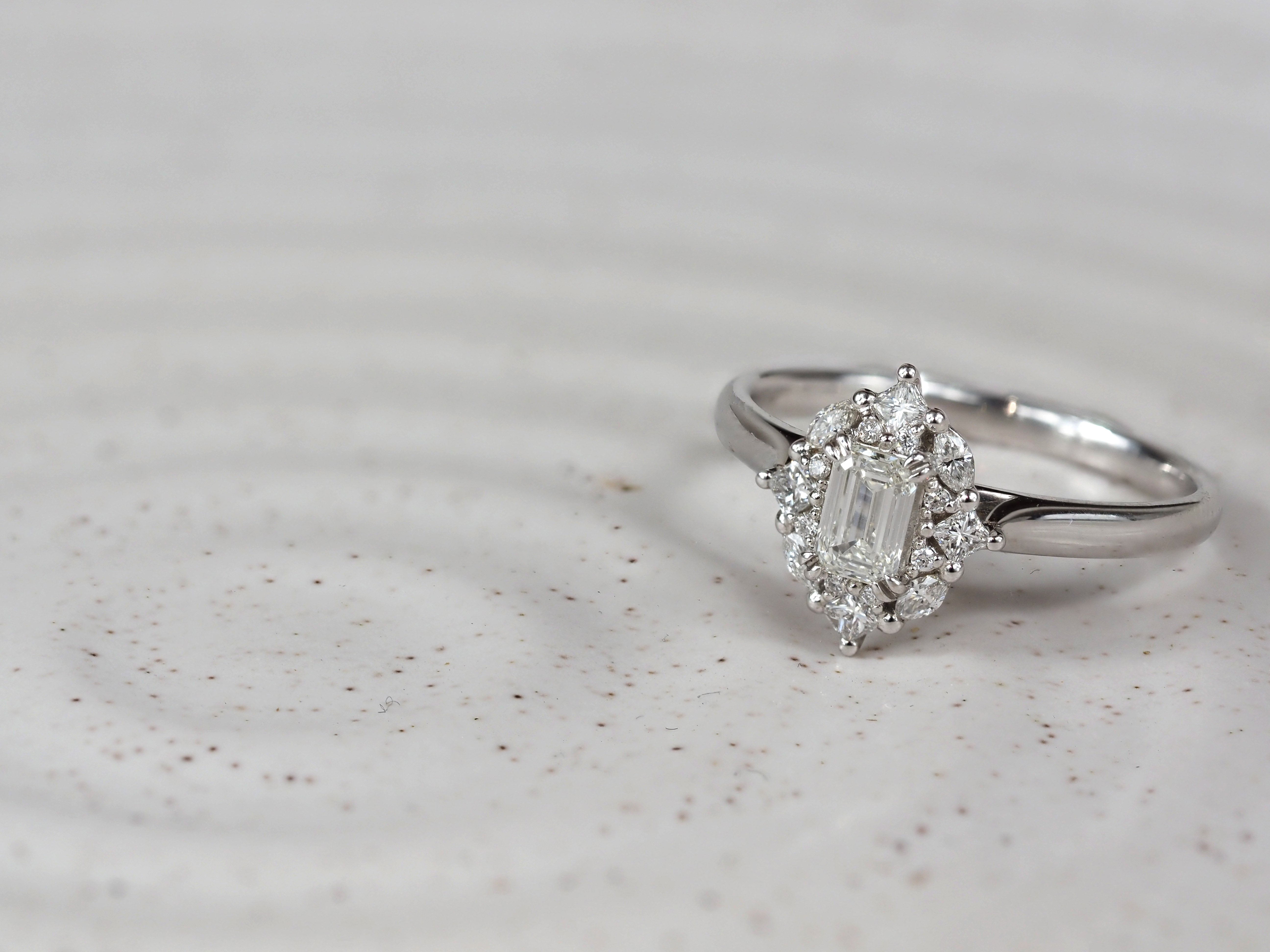 18ct Gold Emerald Cut Halo Diamond Engagement Ring, 0.61ct total