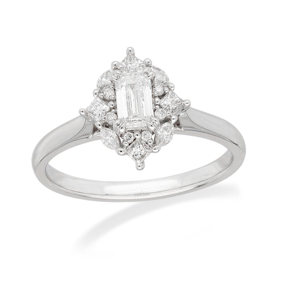 18ct Gold Emerald Cut Halo Diamond Ring, 0.61 carats.