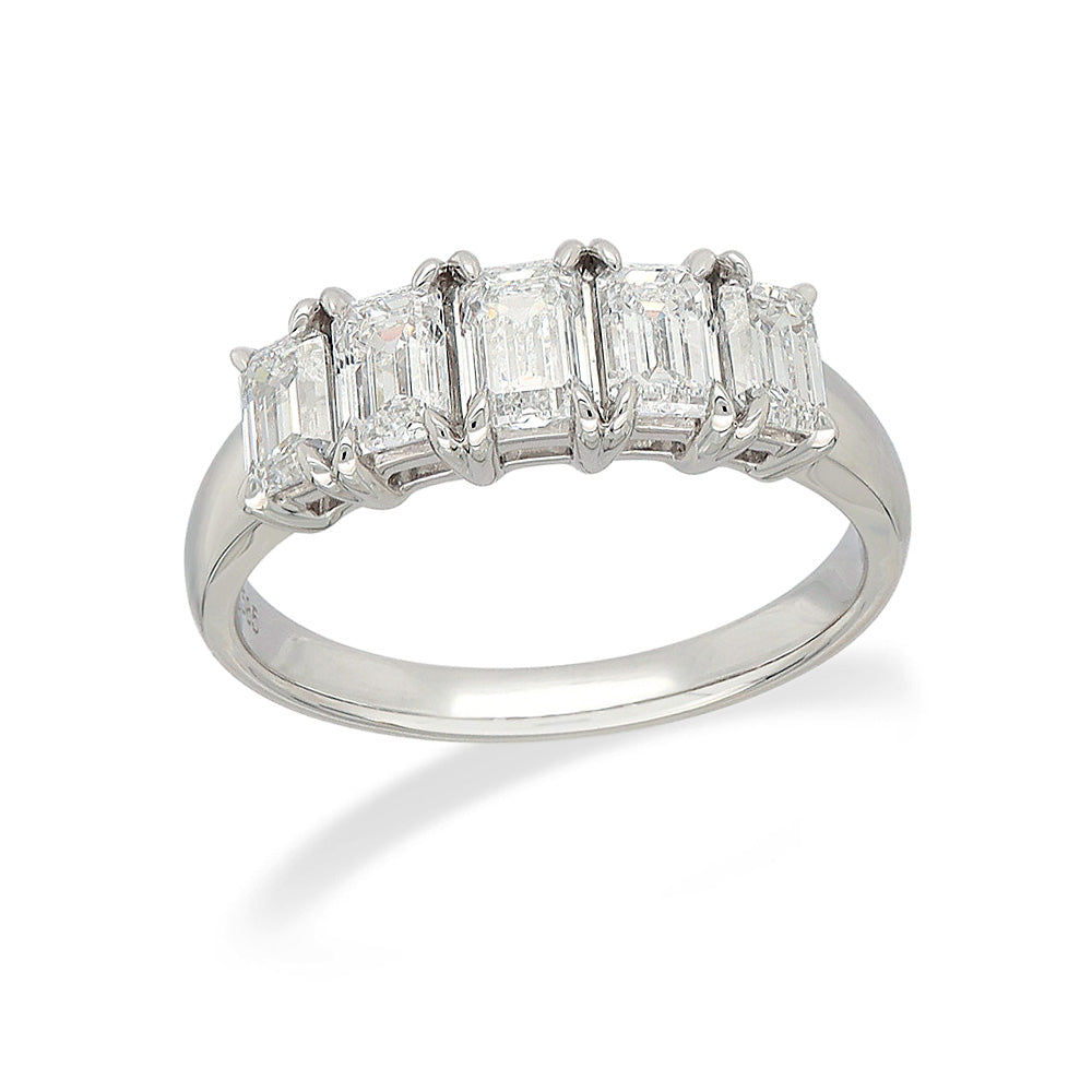 14 Carat White Gold, 5 Emerald-cut Lab-grown Ring, 1.51 carats total.